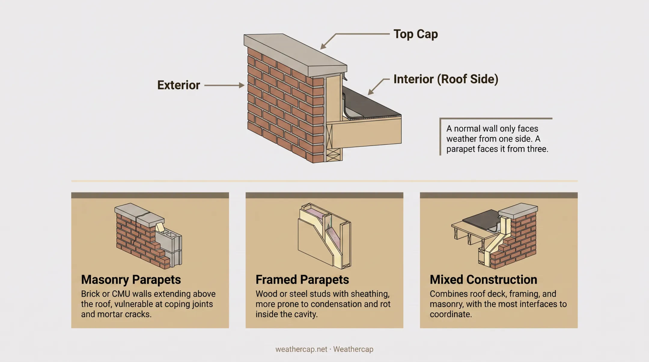 Parapet wall cross-section showing triple weather exposure on three sides