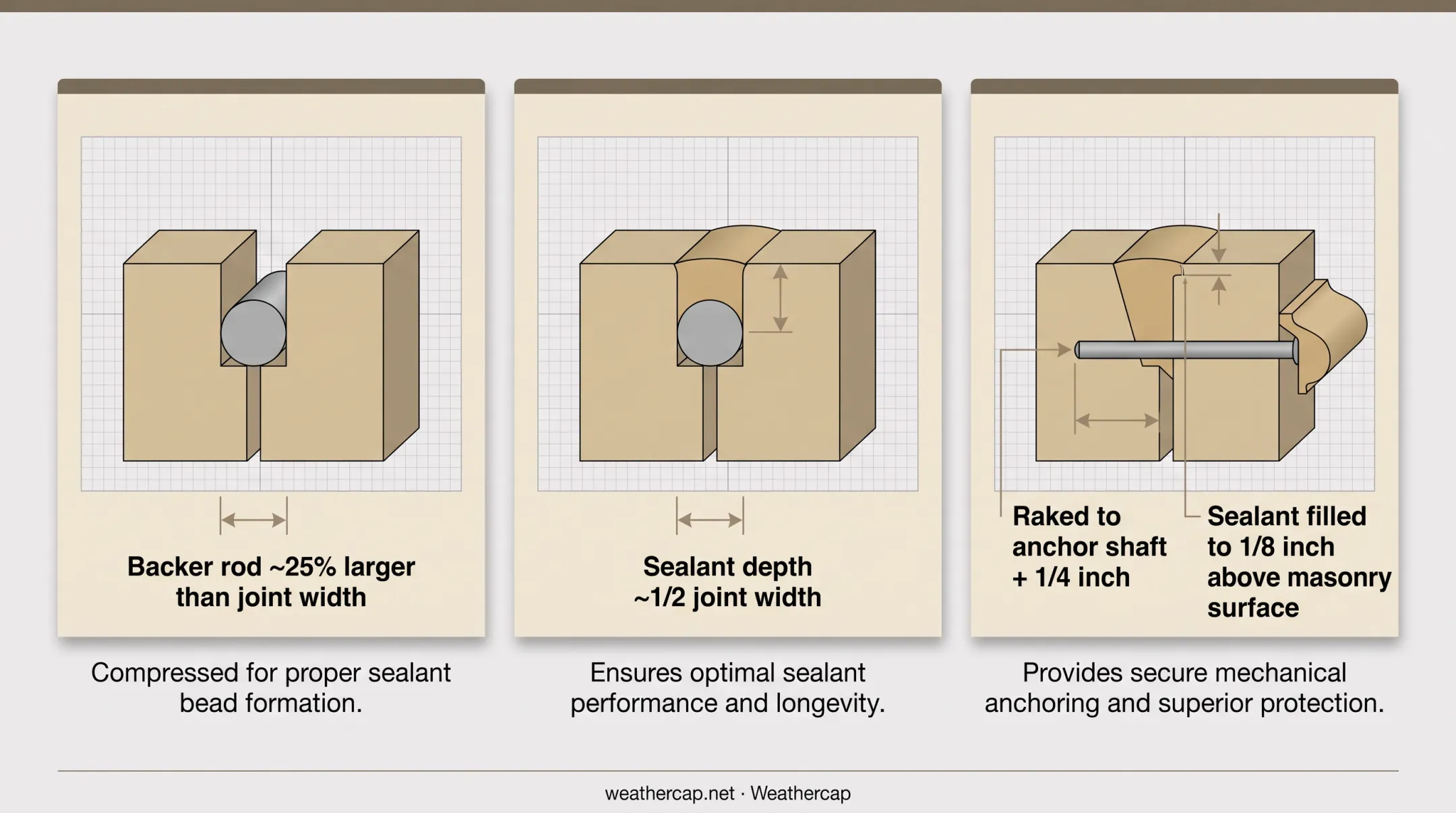 Backer rod and sealant joint dimensions diagram for masonry control joints