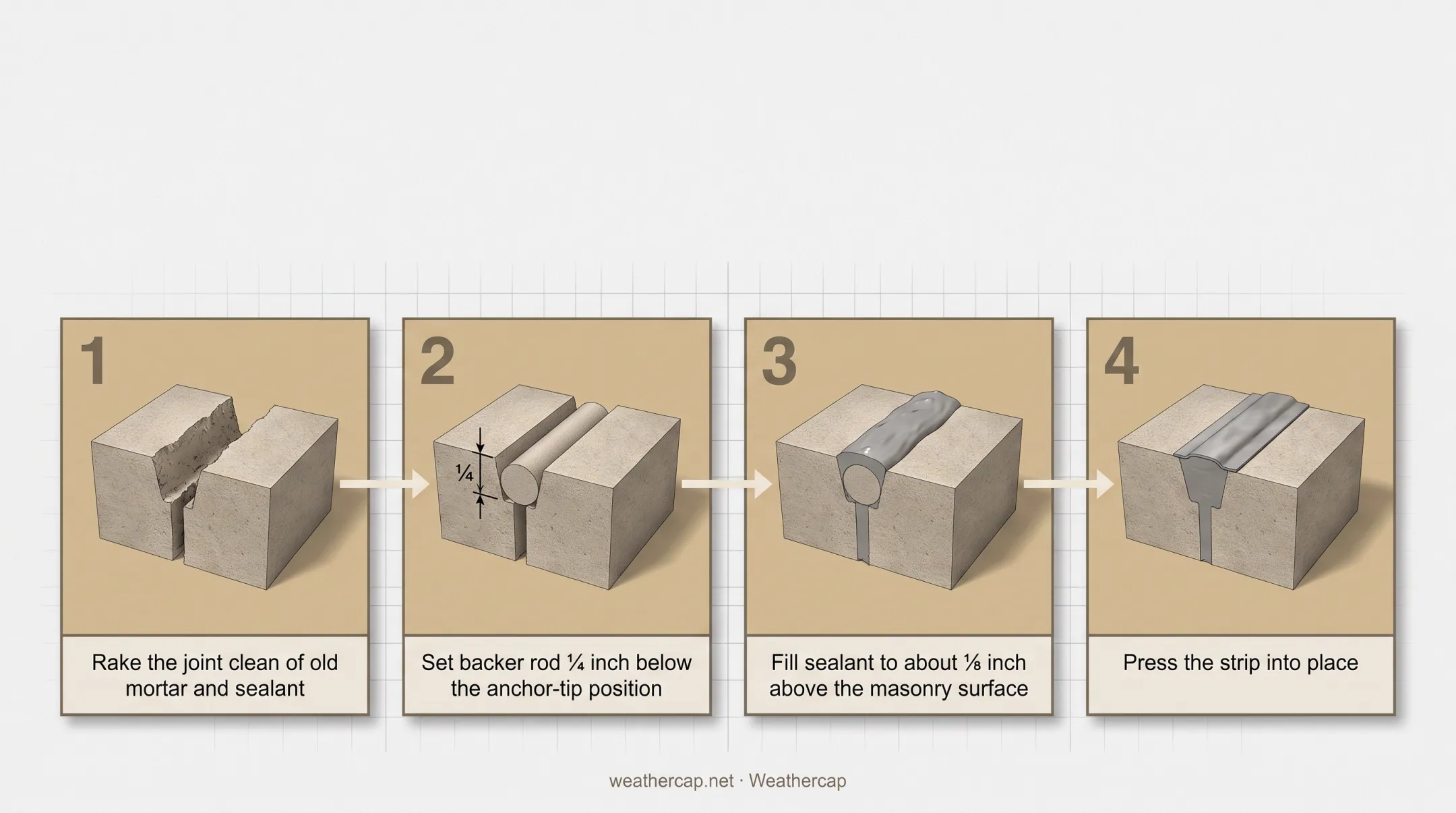 Four-step Weathercap lead strip installation sequence for sill joints
