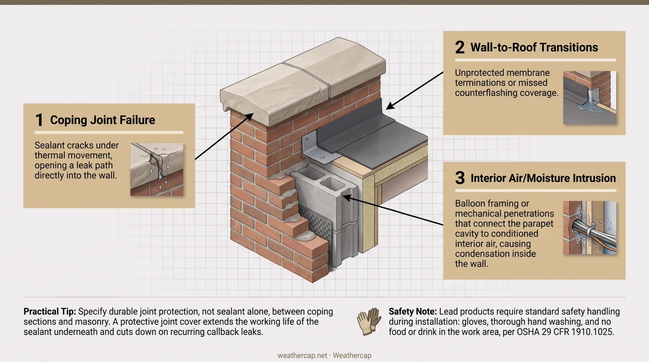 Three common parapet wall failure points diagram with locations highlighted