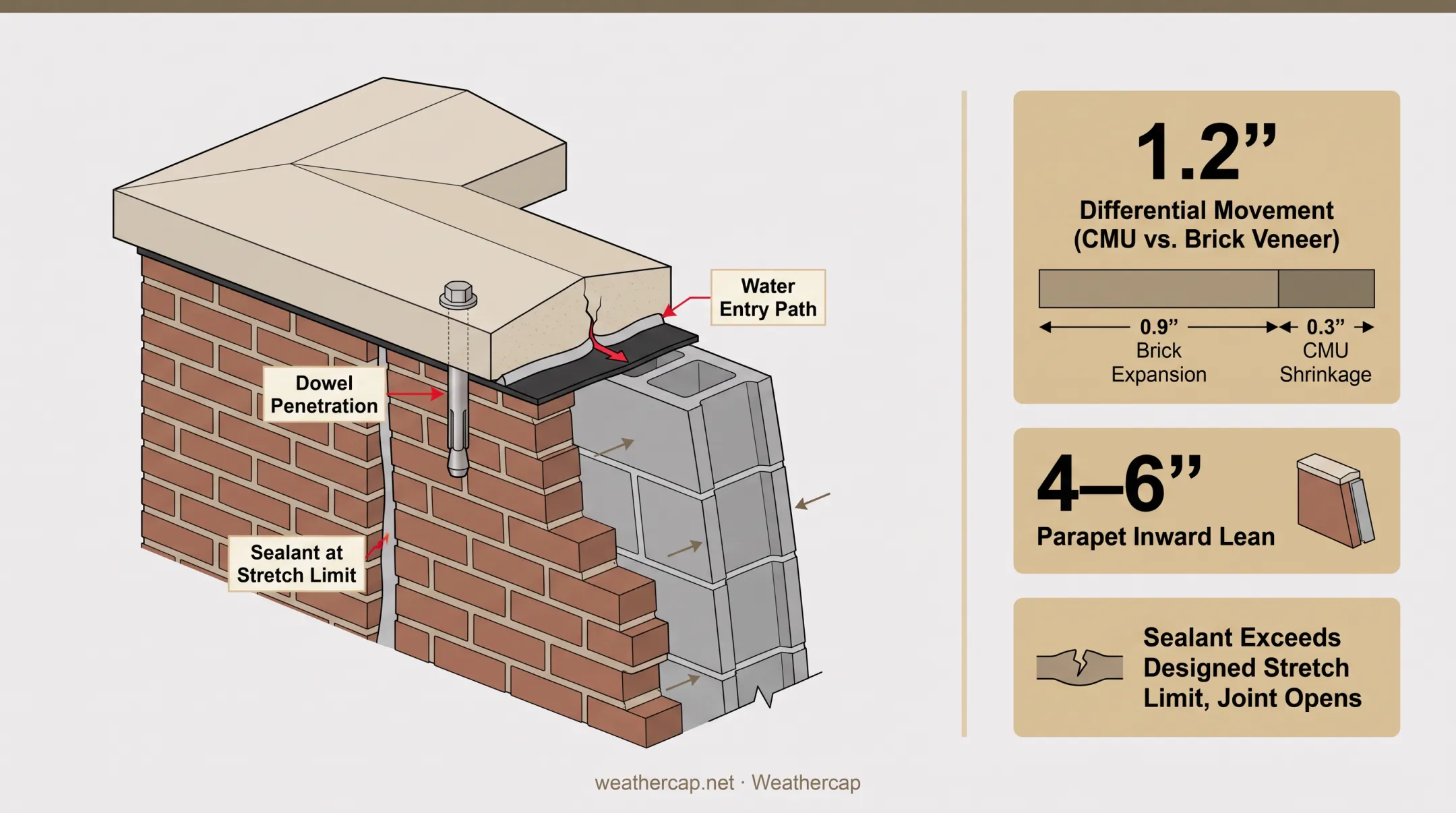 Parapet coping joint failure water infiltration diagram showing dowel penetration point