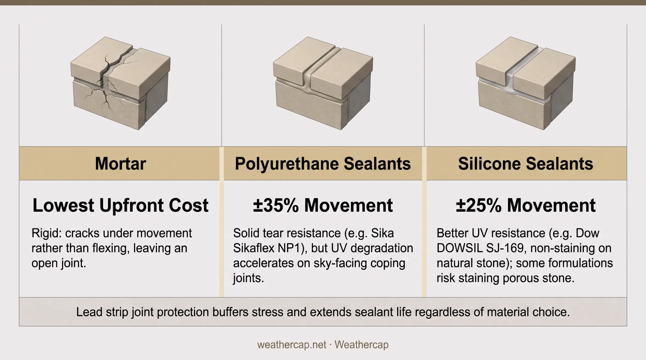 Coping joint sealing materials comparison chart mortar polyurethane silicone lead strip