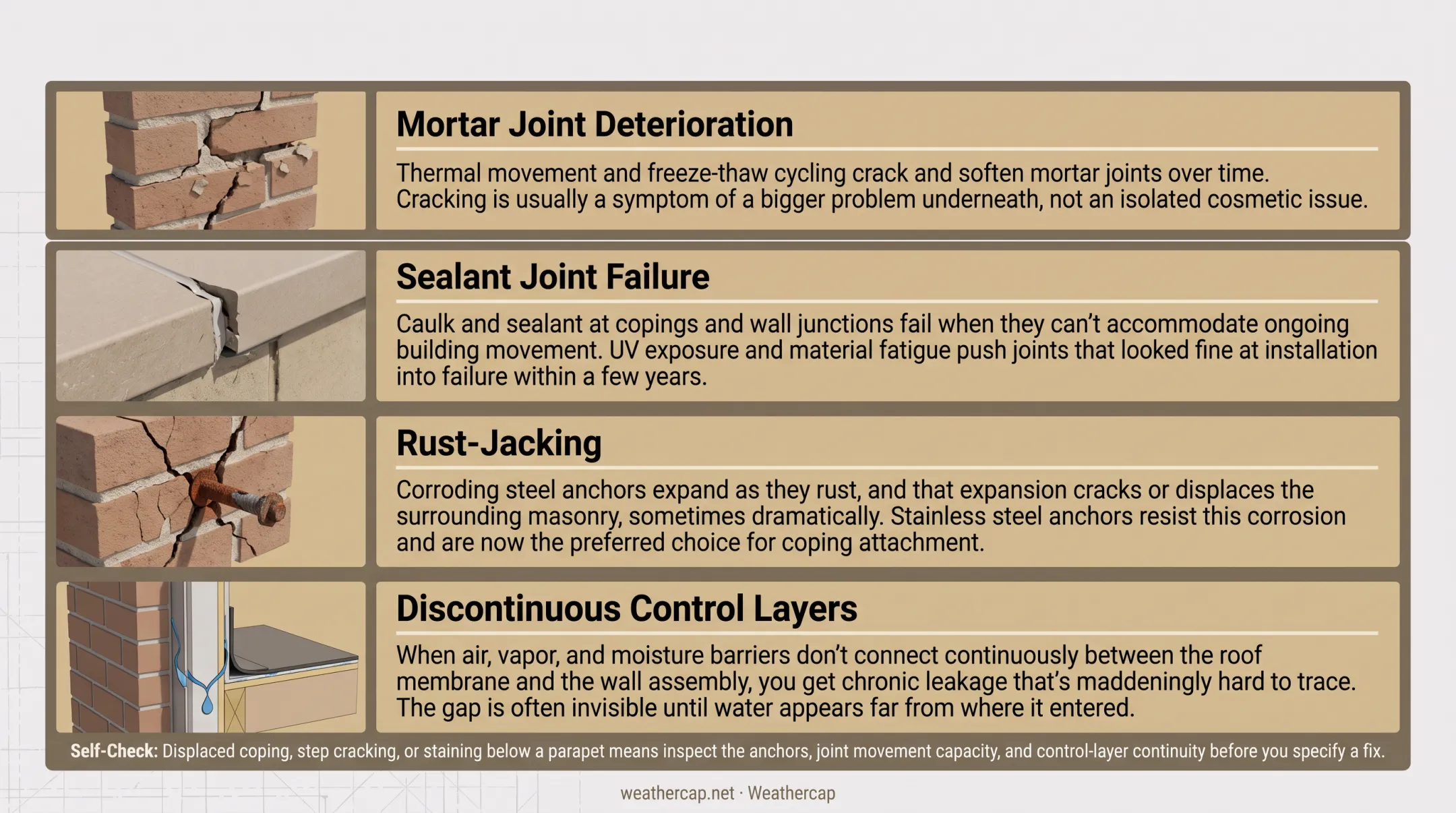 Four common masonry parapet failure points and their causes illustrated