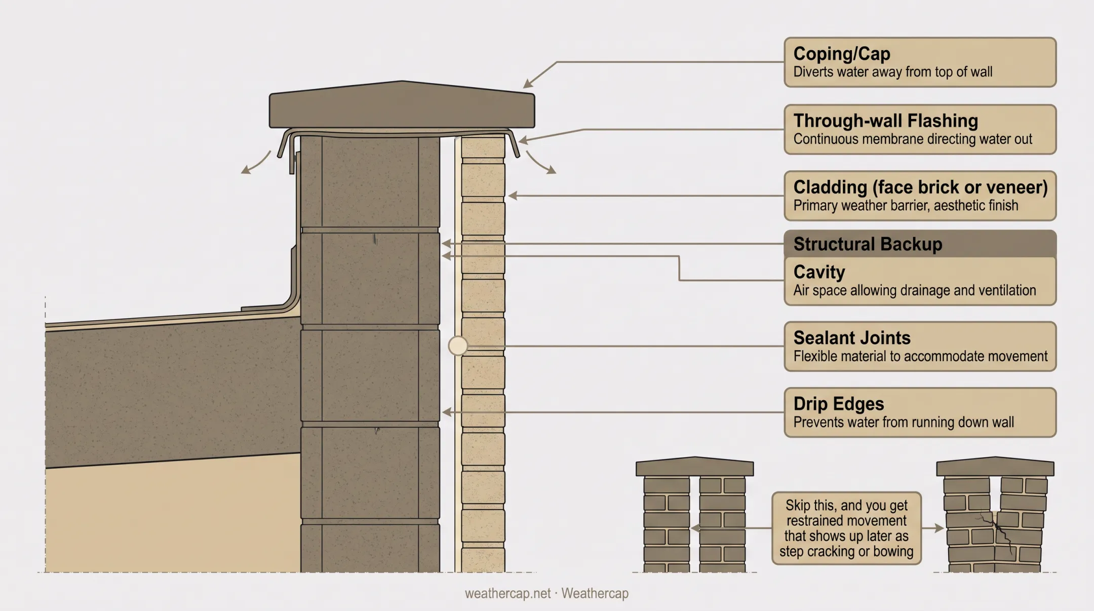 Masonry parapet wall anatomy diagram showing coping flashing and cladding layers