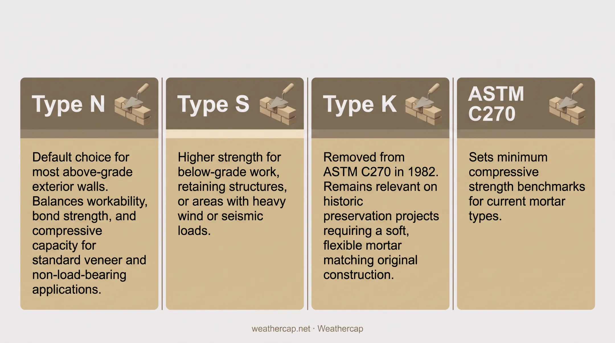 ASTM C270 mortar types comparison chart by strength and application