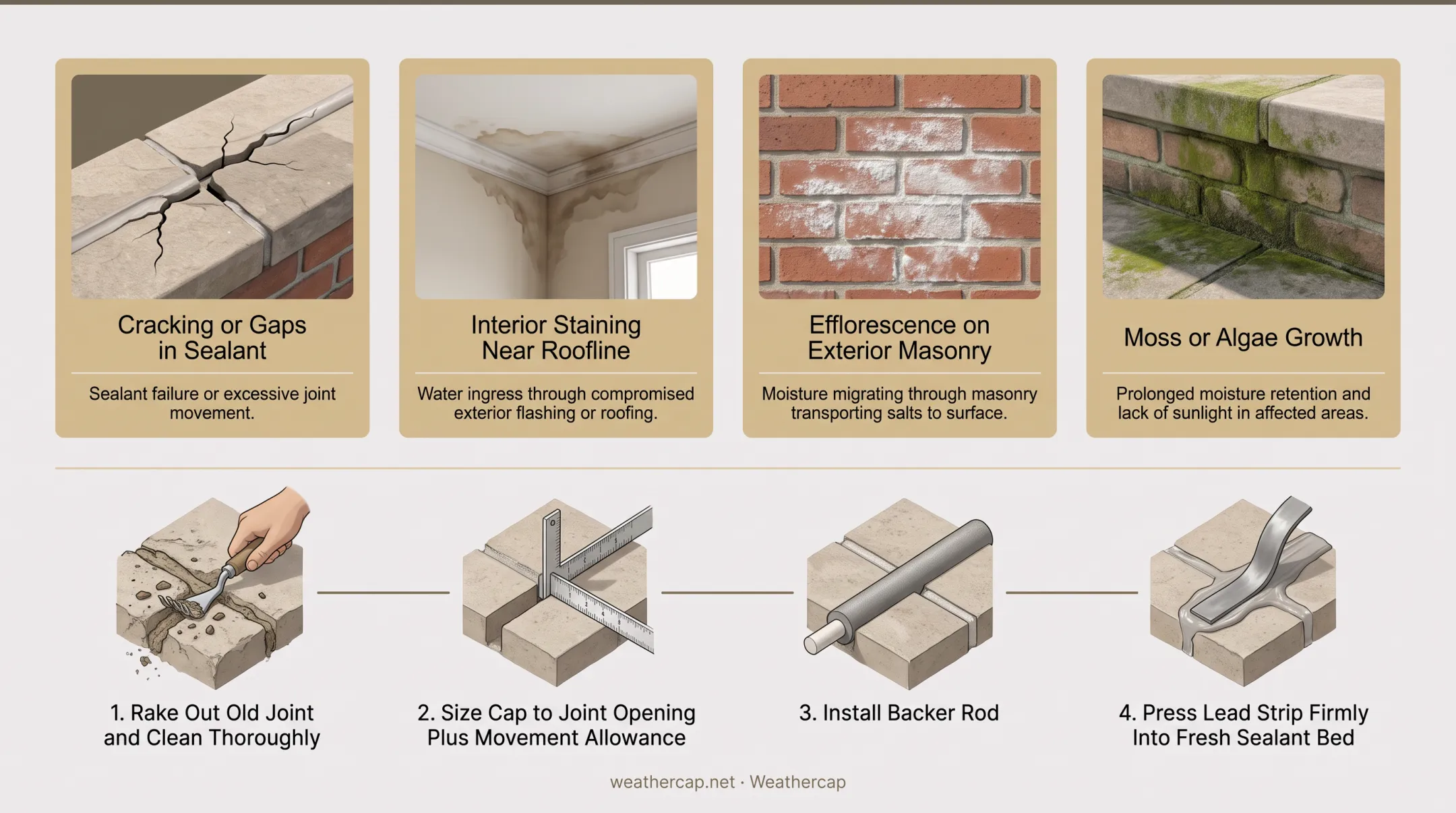 Weathered masonry parapet wall showing efflorescence staining and cracked joints