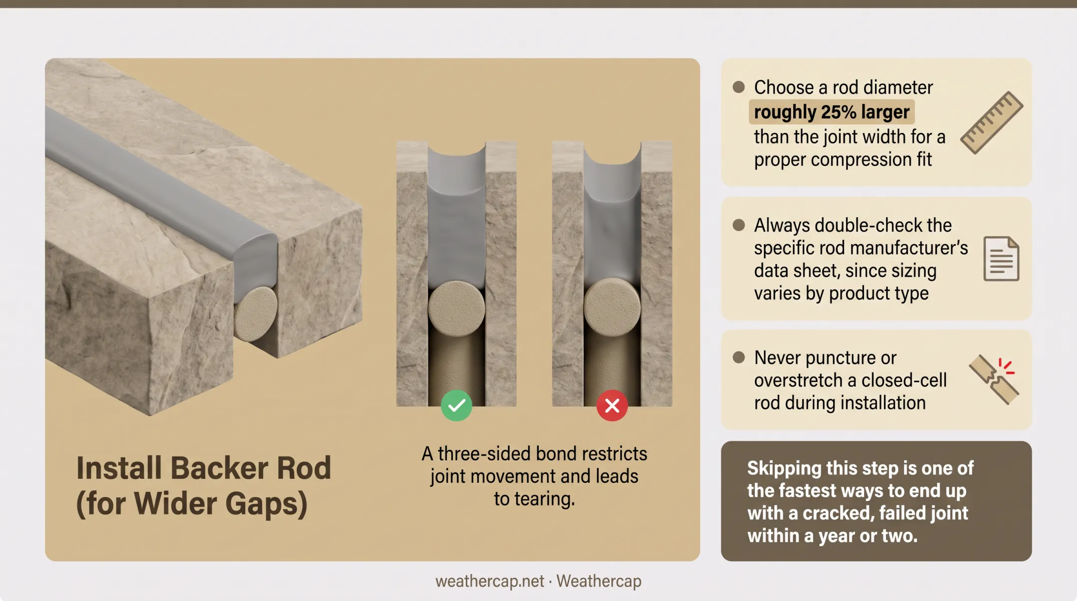 Backer rod installed inside masonry joint before sealant application