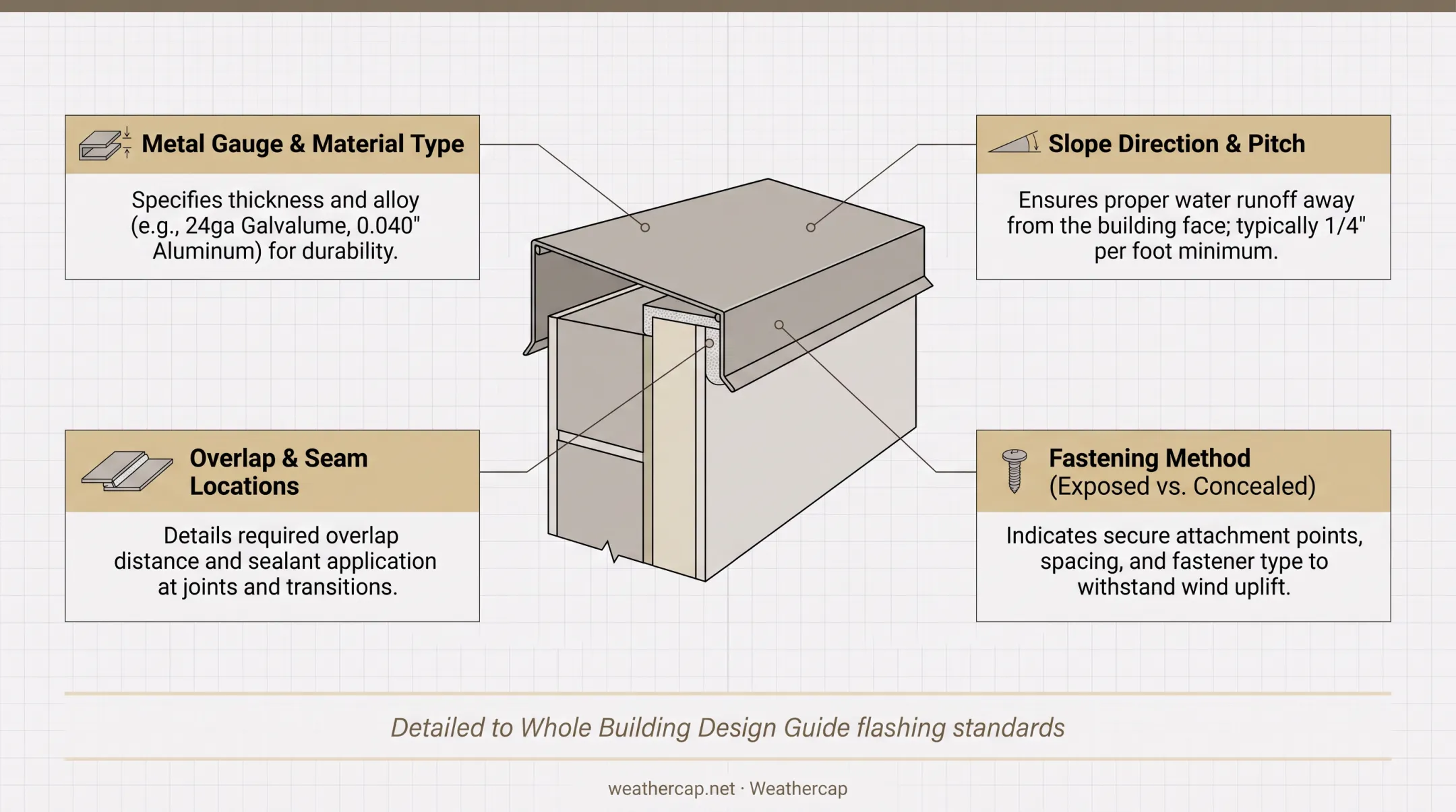 Metal coping cross-section diagram showing slope drip edge and cleat components
