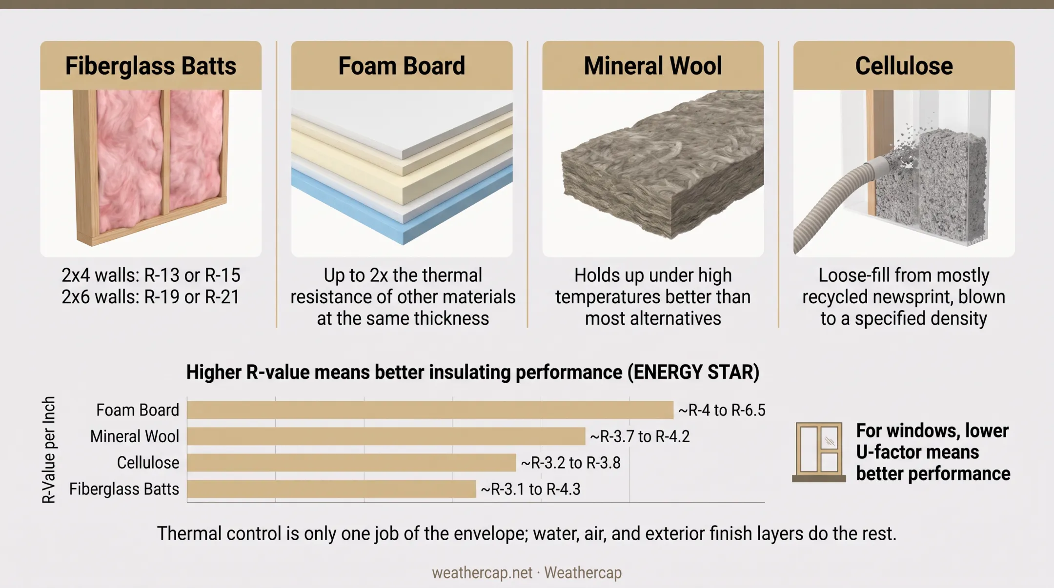 Comparison of building envelope insulation types by R-value and application