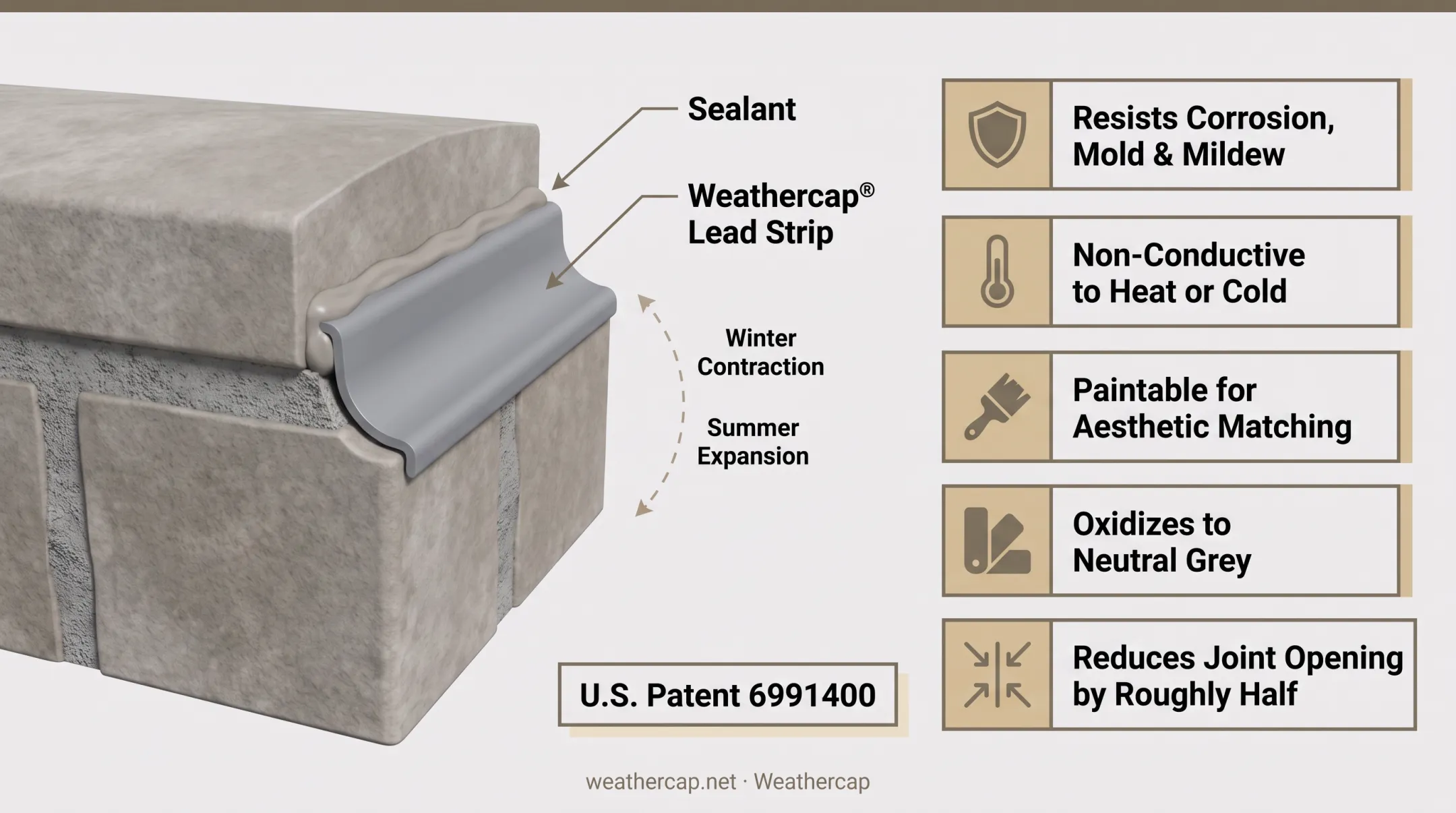 Close-up of masonry parapet coping joint showing sealant and flashing detail
