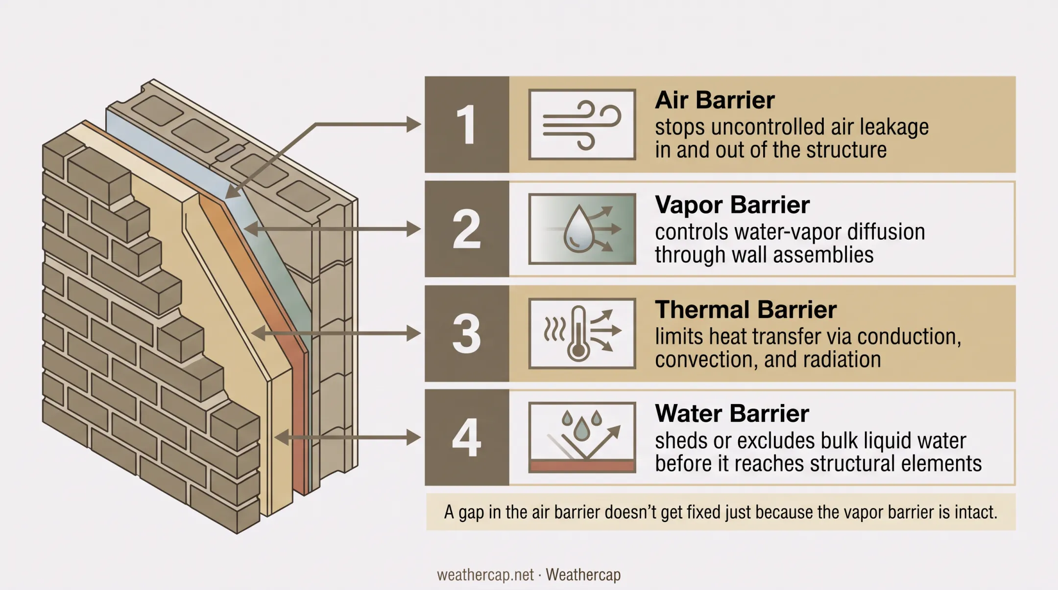 Building envelope four control layers air vapor thermal water barrier diagram