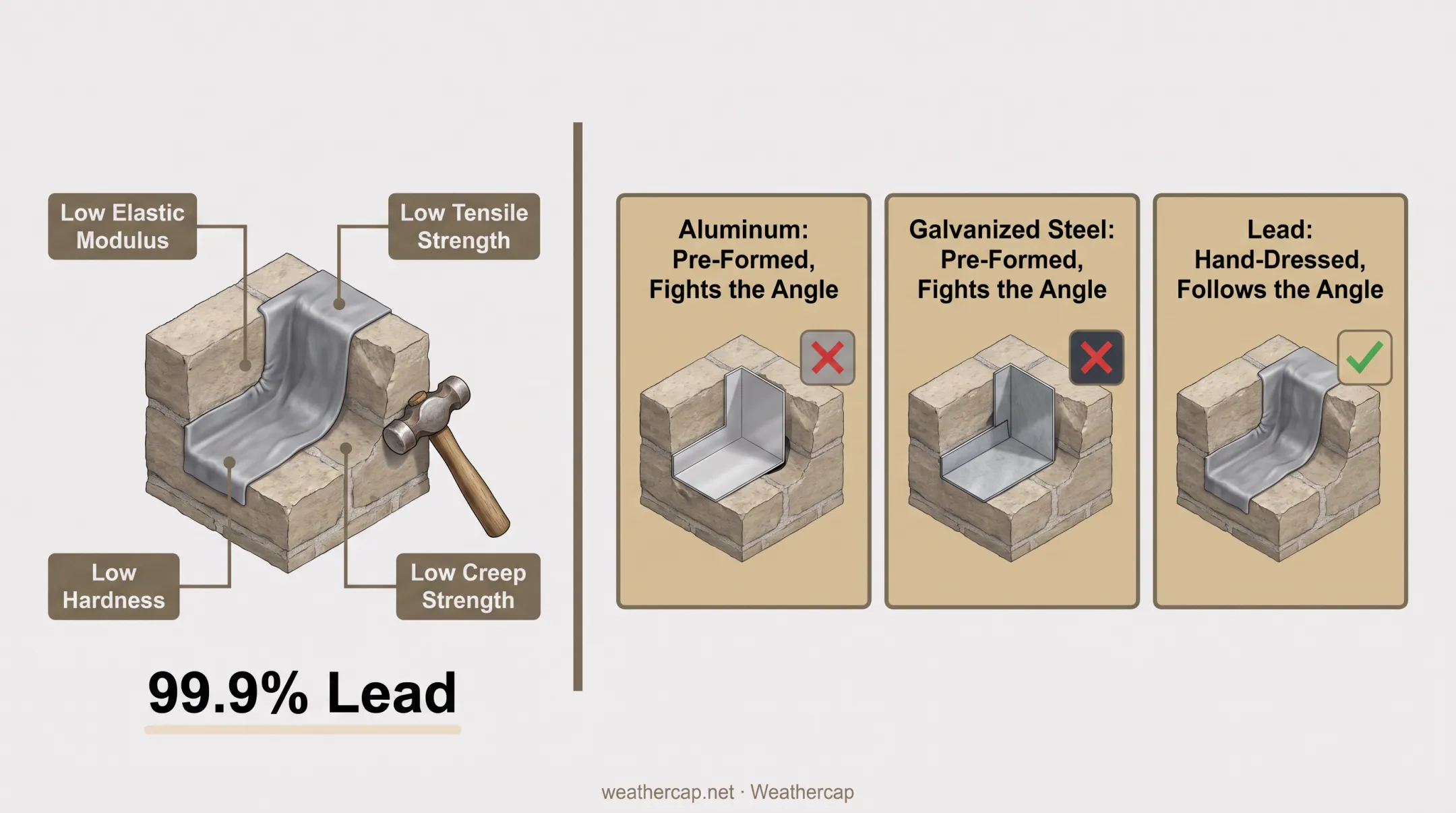 Lead versus aluminum steel and EPDM flashing material comparison chart