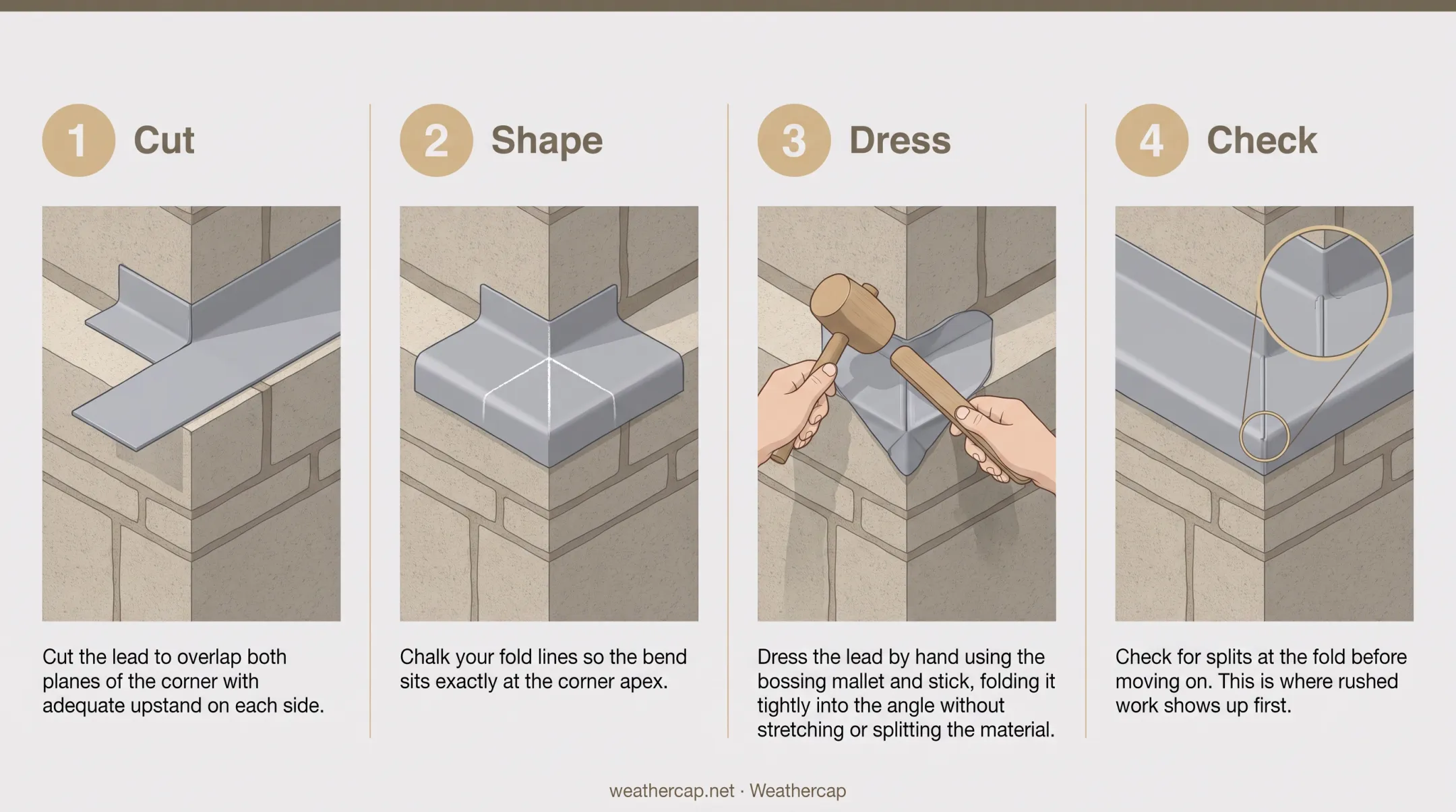 4-step process for cutting shaping and dressing lead flashing