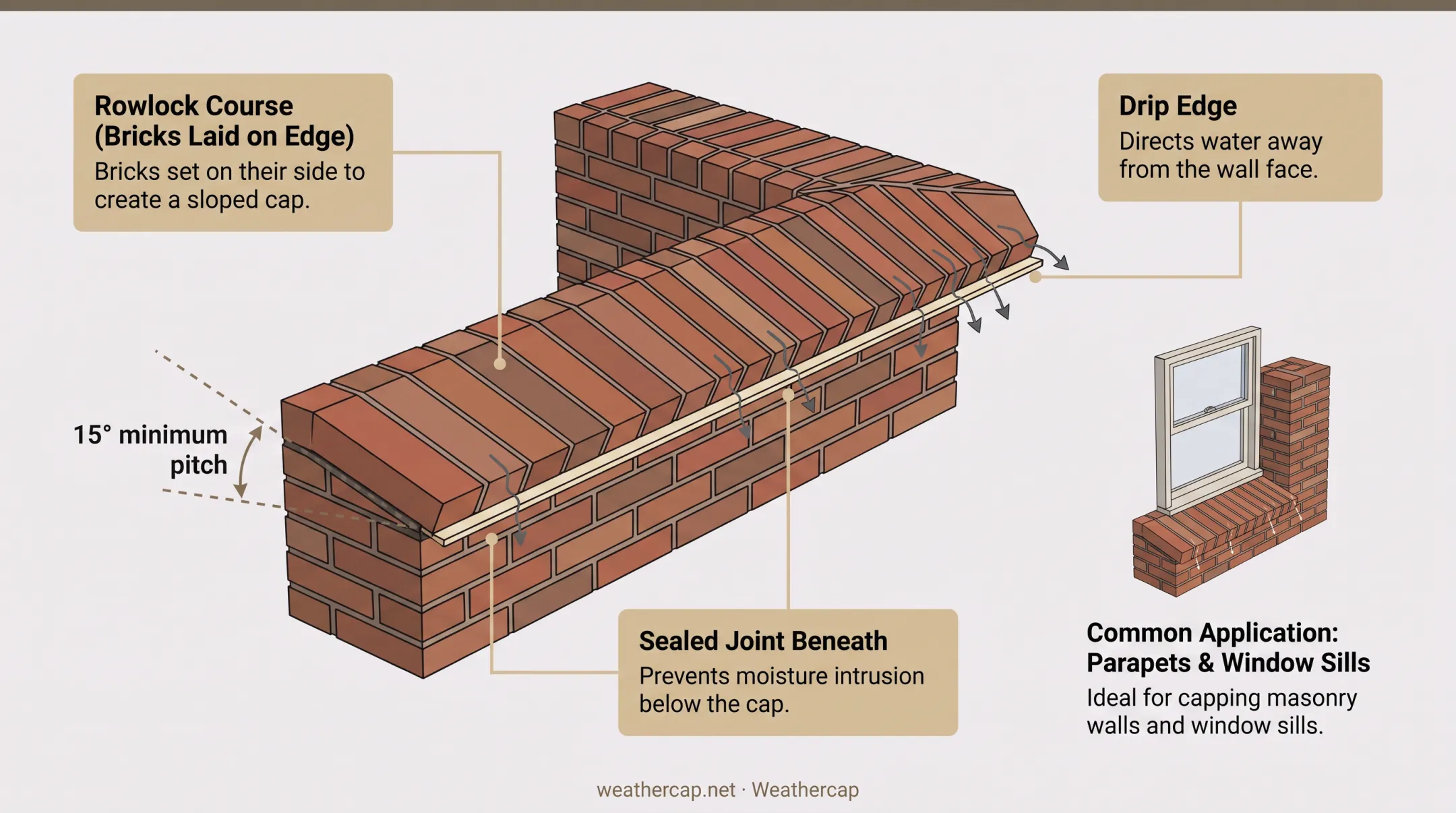 Rowlock brick course detail atop parapet wall with drip edge