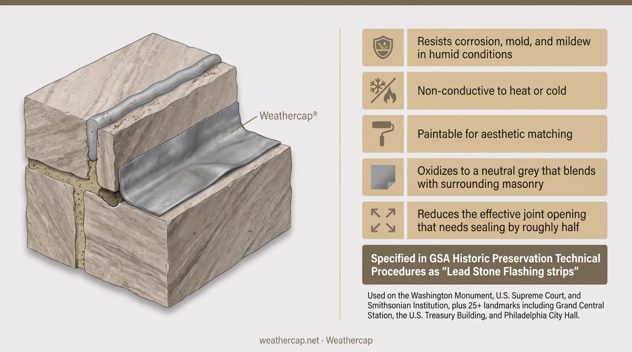 Weathercap lead strip installed within historic masonry coping joint