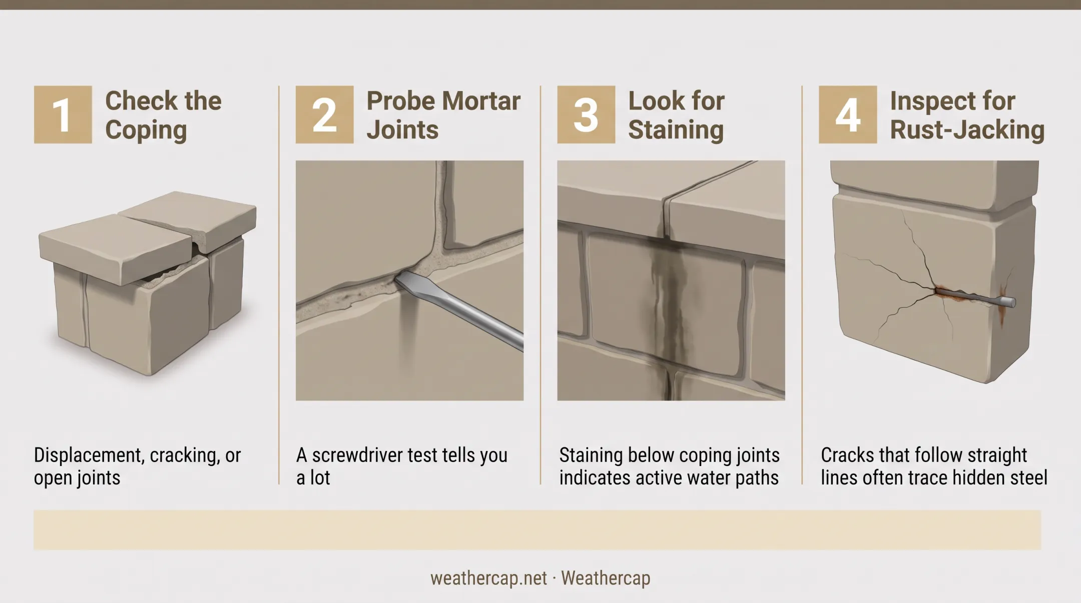 Four-step parapet condition assessment checklist for coping and mortar inspection