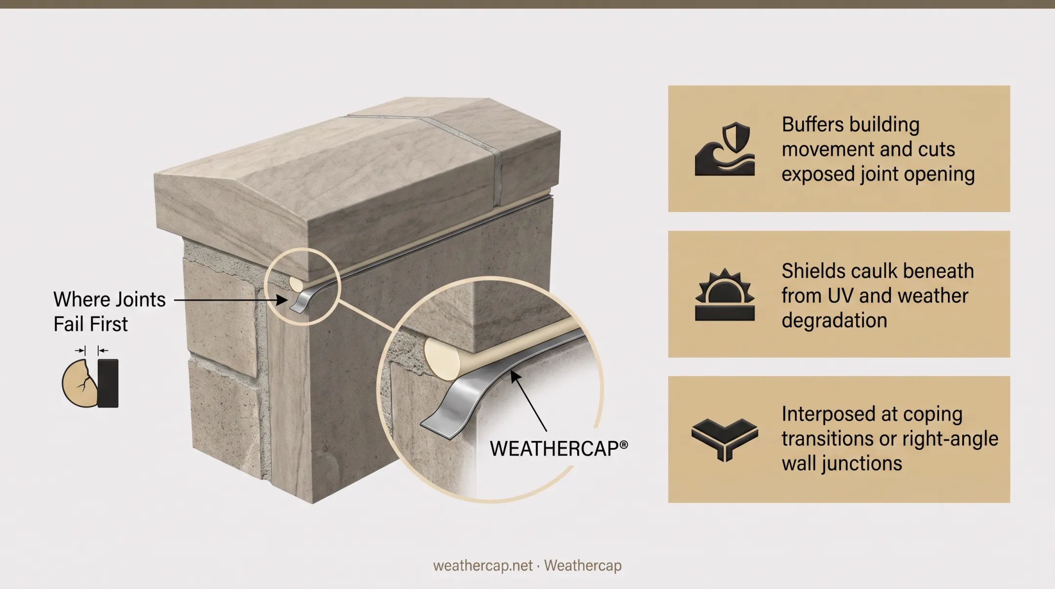 WEATHERCAP lead strip joint protection system installed at coping transition