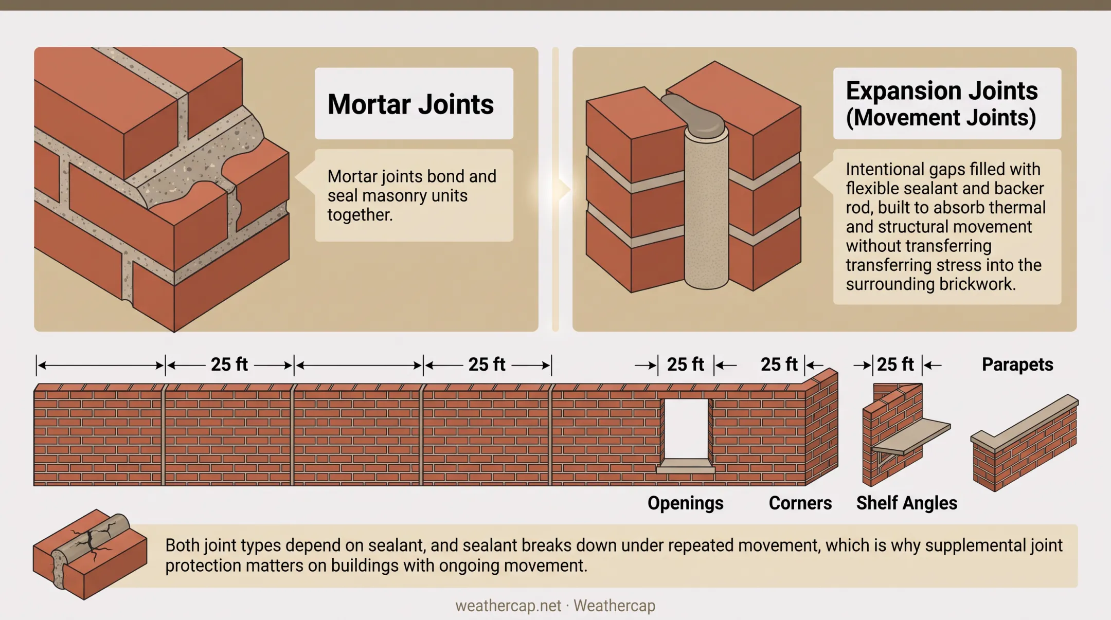 Building facade expansion joint spacing placement guidelines diagram