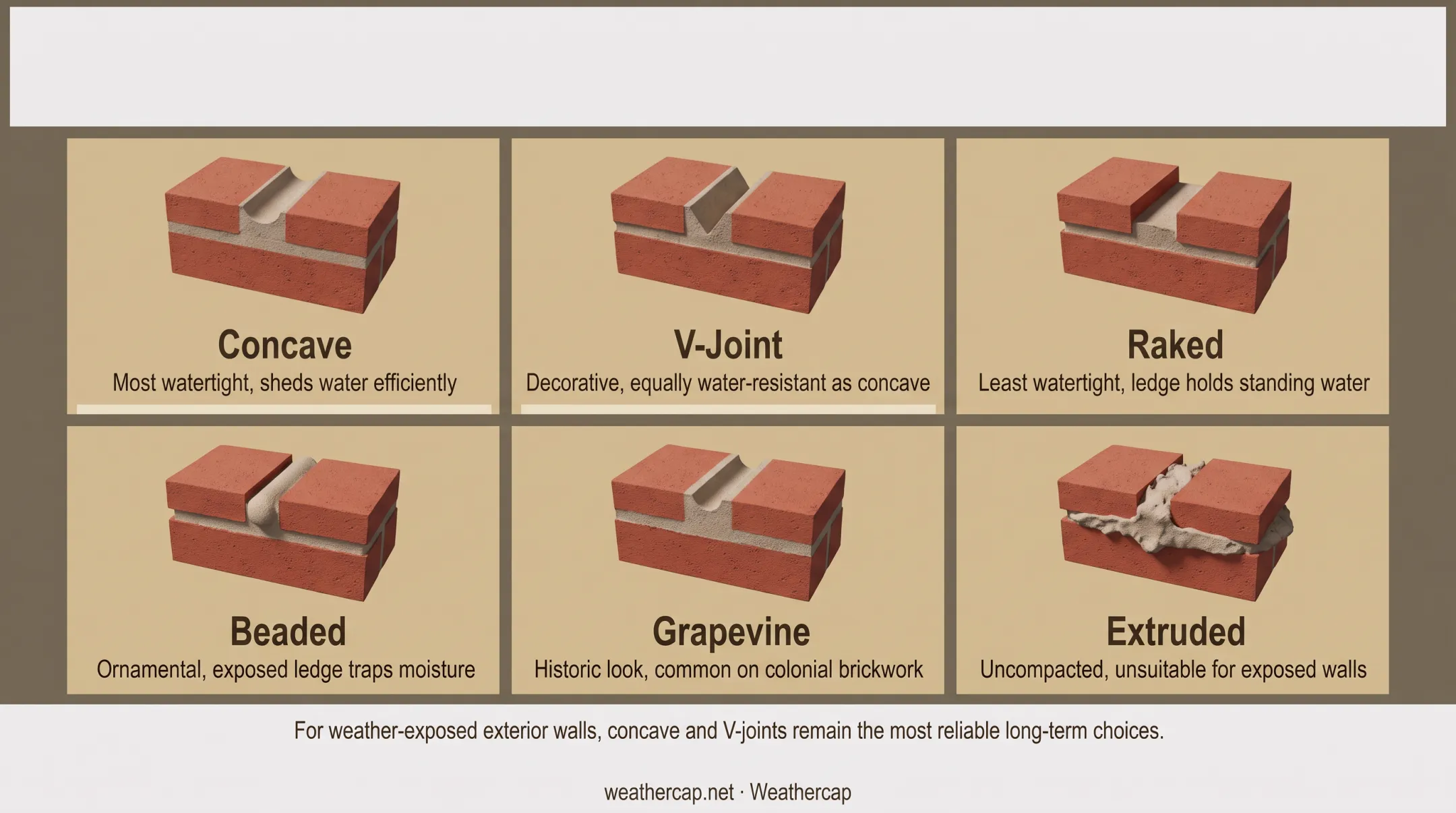 Mortar joint profile comparison ranking water resistance from best to worst