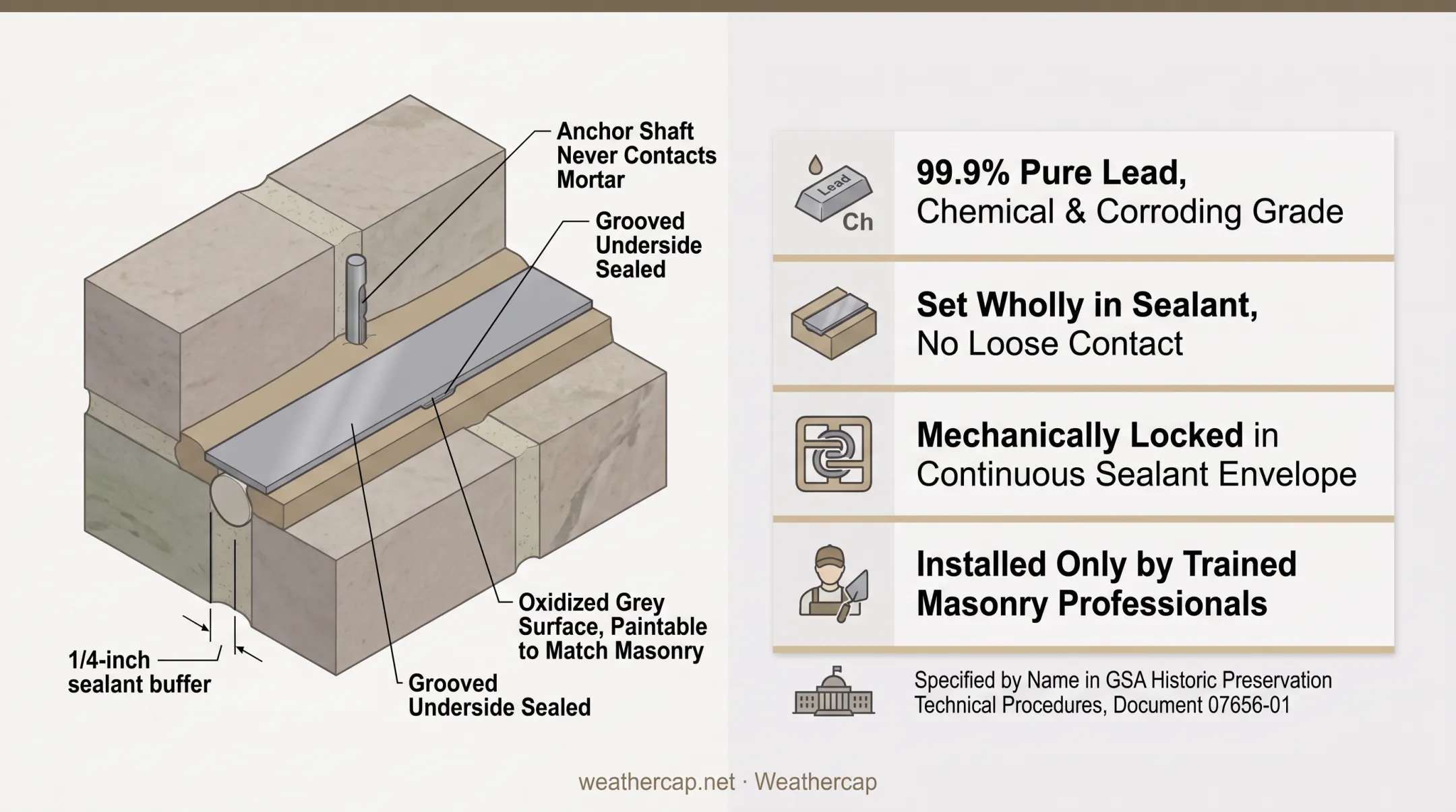 WEATHERCAP lead flashing strip installed on historic federal building masonry