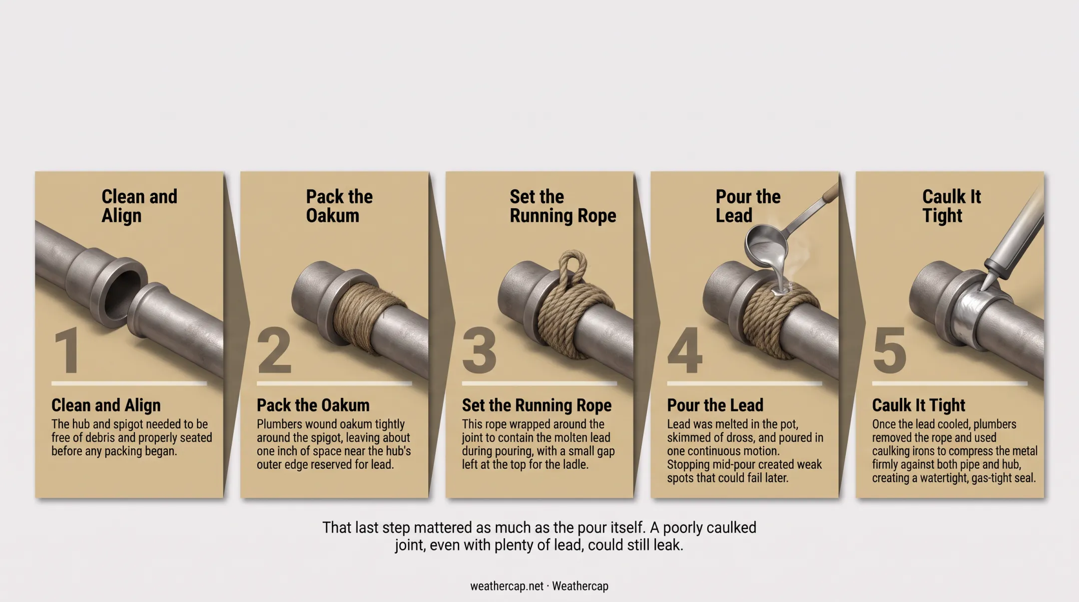 5-step lead-and-oakum joint pouring and caulking process infographic