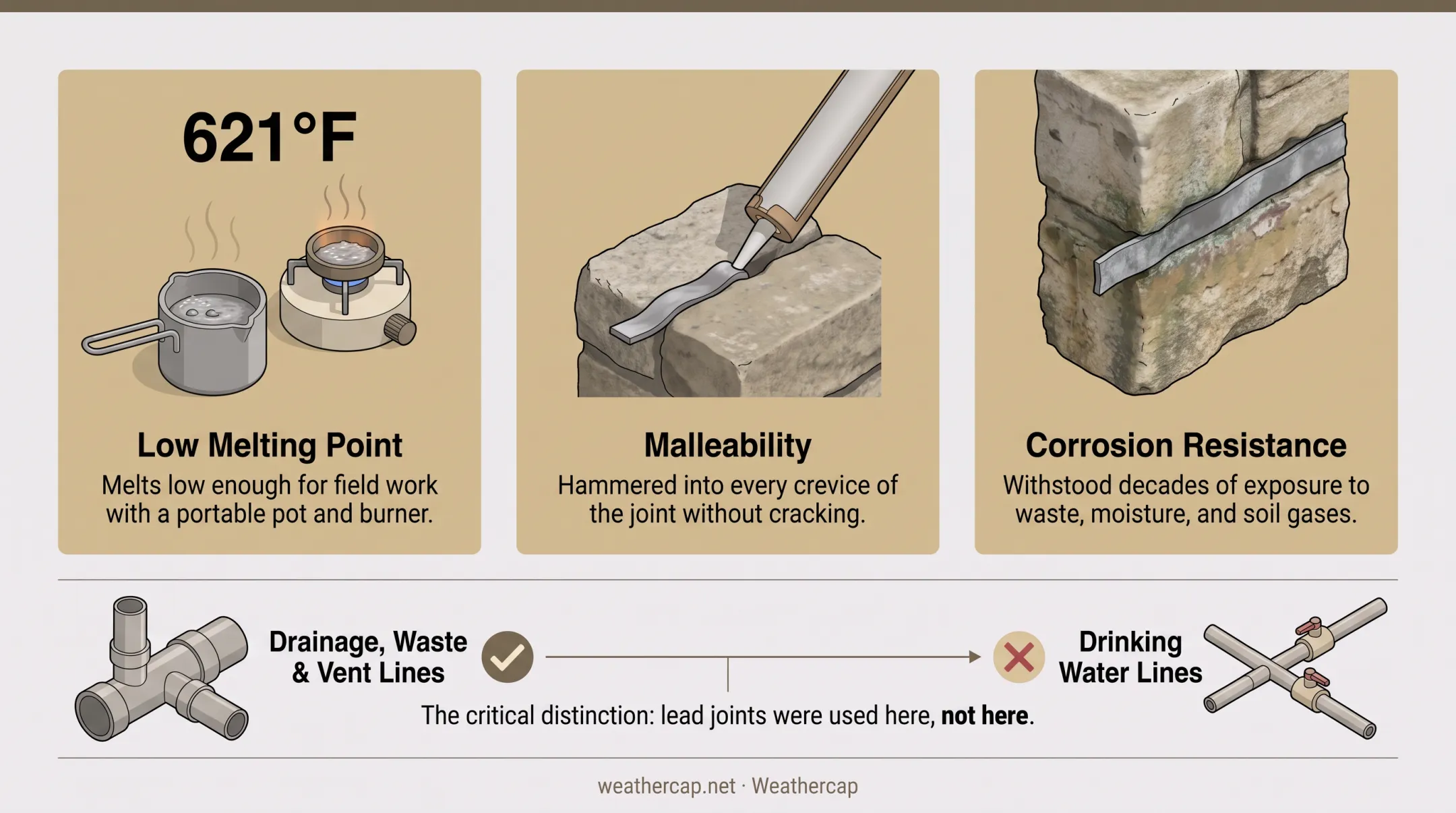 Three key properties of lead used in plumbing joints