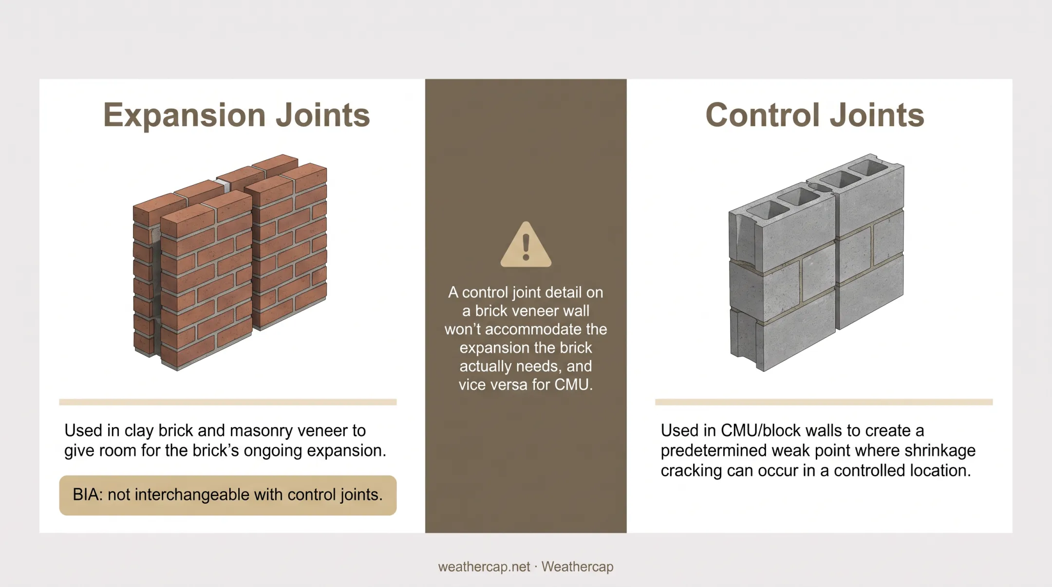 Expansion joints versus control joints comparison for brick and CMU walls