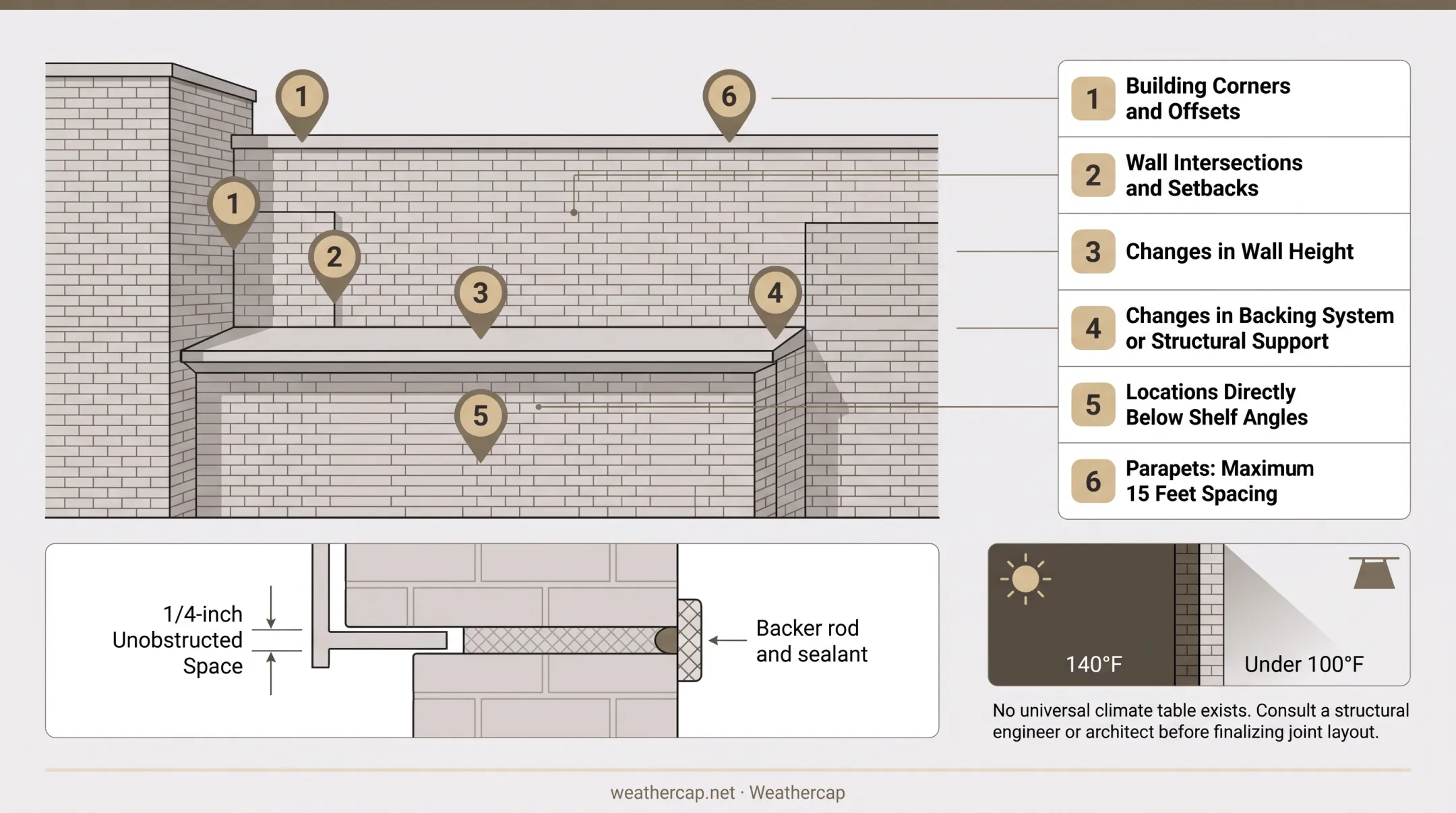 Brick wall diagram showing expansion joint placement at corners openings and parapets