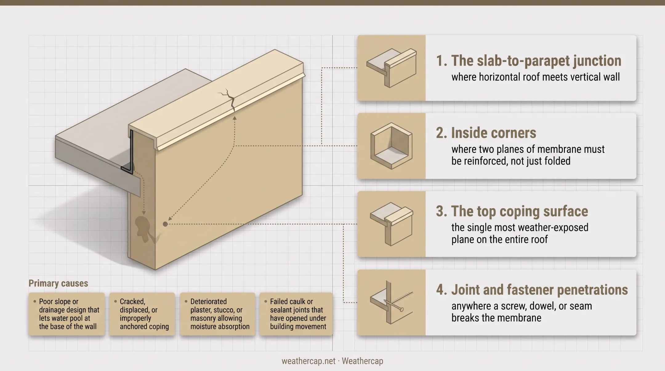 Four high-risk parapet wall failure zones diagram