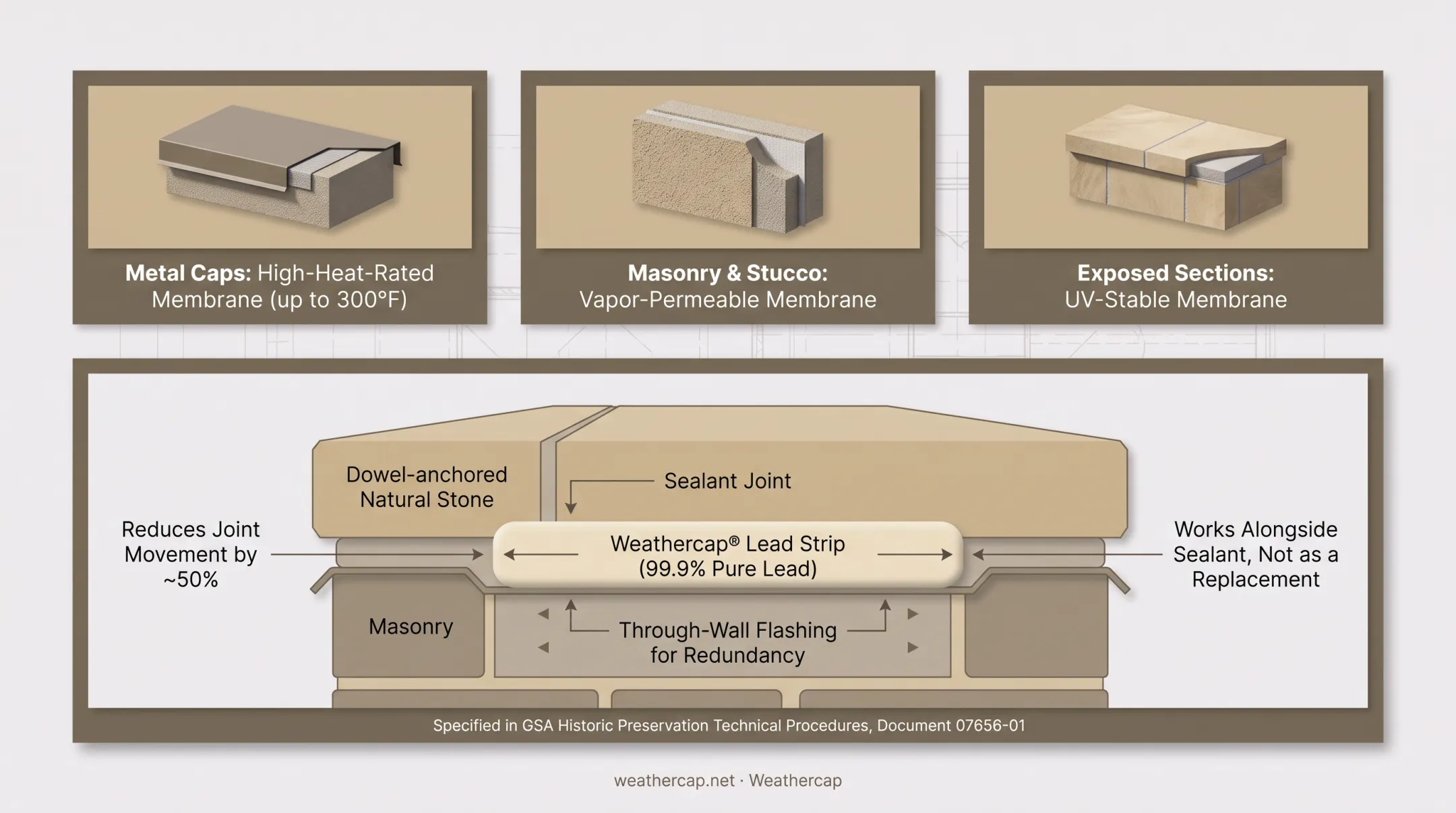 Lead strip joint protection installed at parapet coping seam