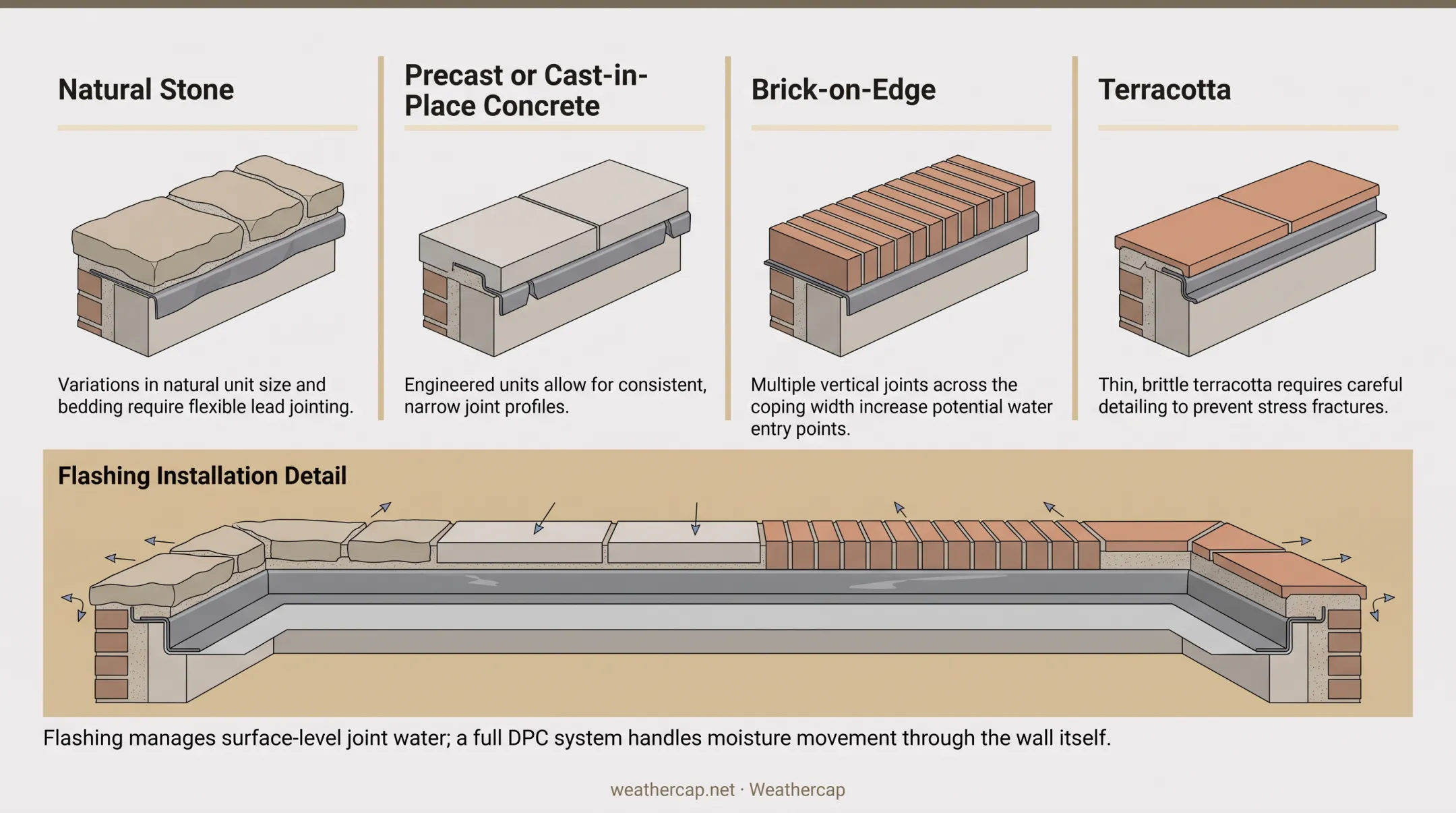 Comparison of coping materials and their lead flashing requirements
