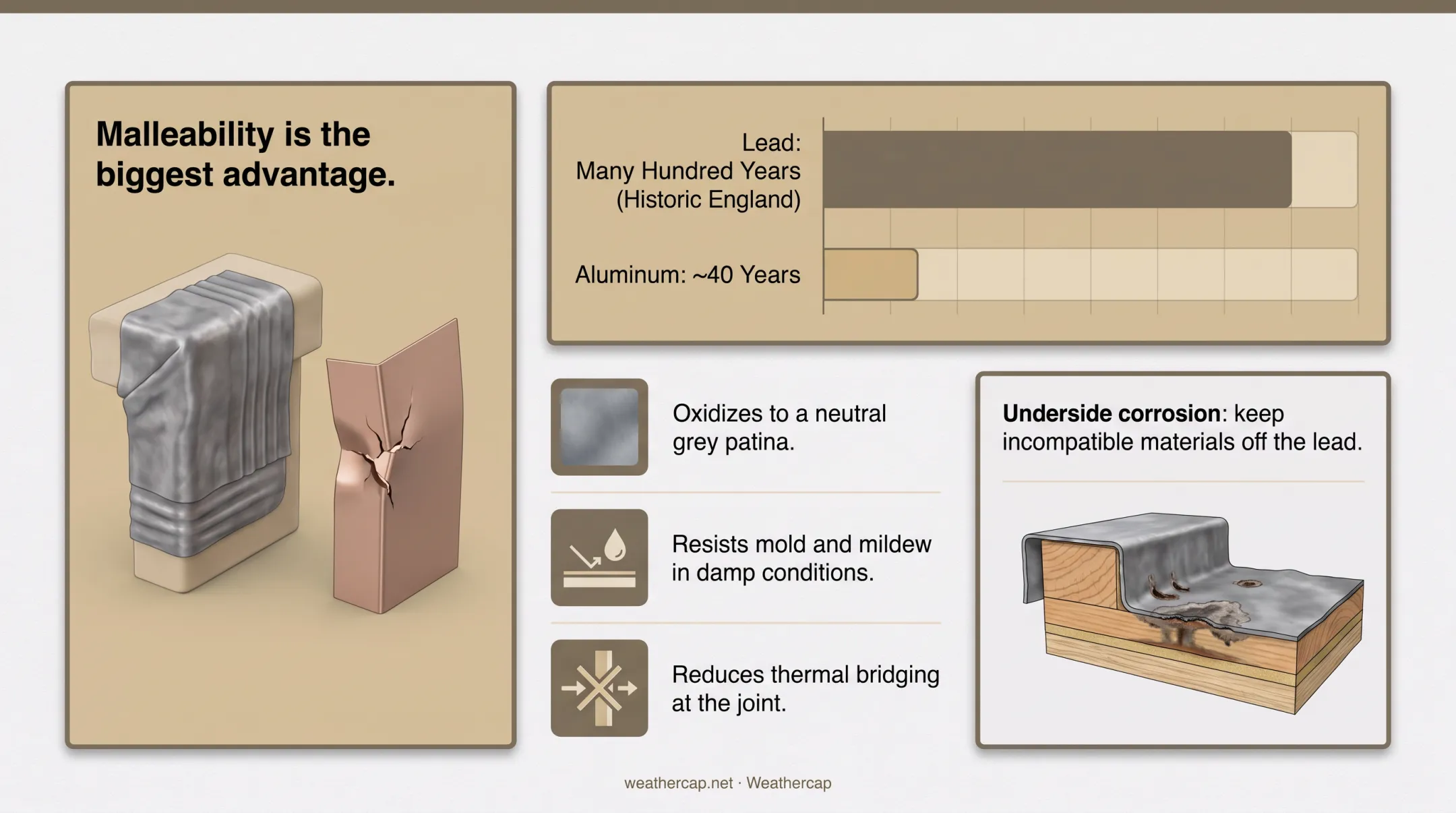Lead flashing lifespan and weathering properties compared to aluminum