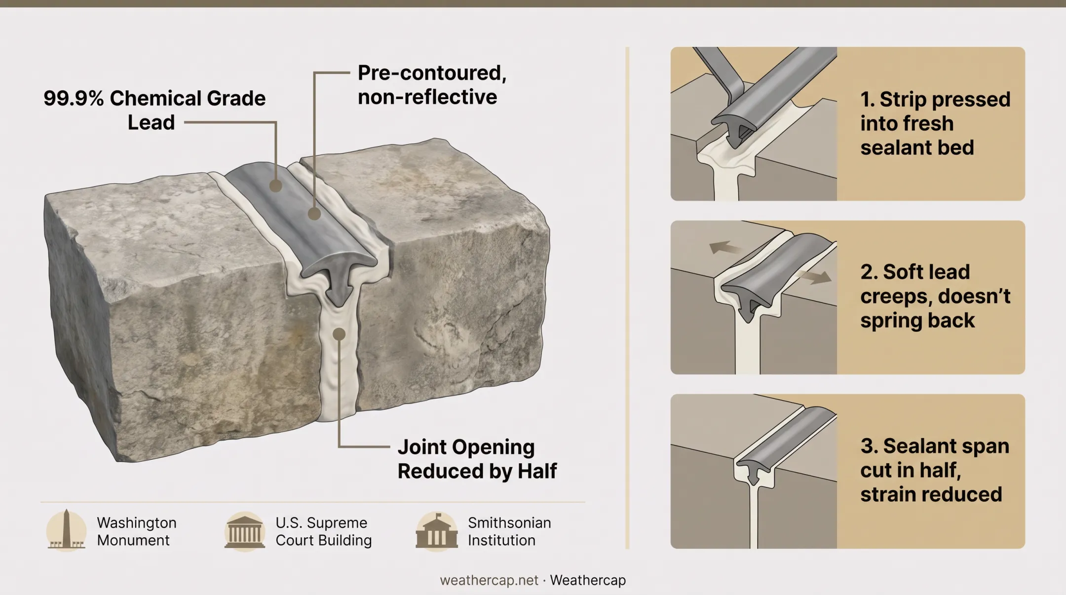 Three-step WEATHERCAP soft lead strip installation process for masonry joints