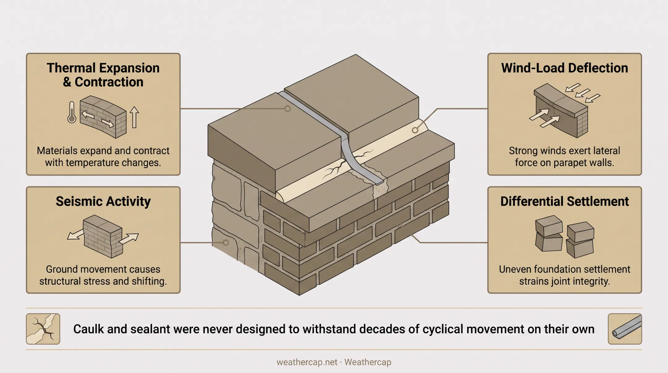 Four types of building movement affecting parapet expansion joints diagram