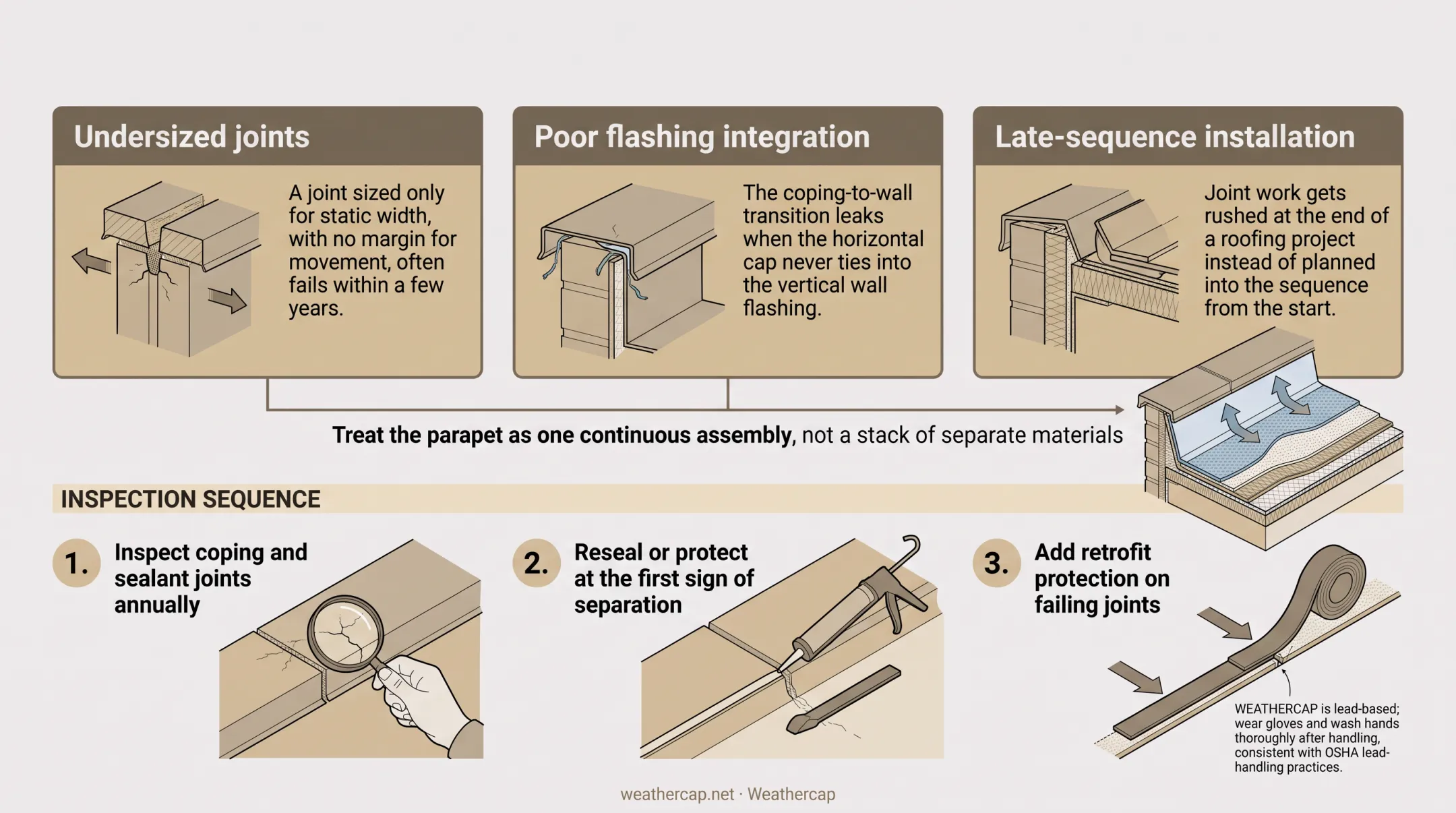 Three-step annual parapet joint inspection and maintenance workflow