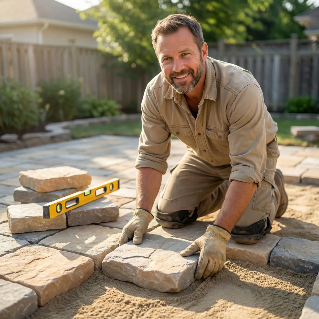 Professional stone mason installing custom stonework