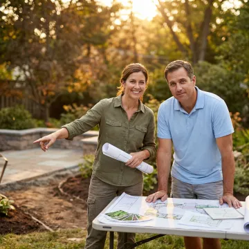 Landscape designer consulting with homeowner about custom outdoor space design