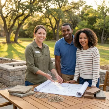 Landscape designer consulting with homeowner reviewing custom outdoor design plans