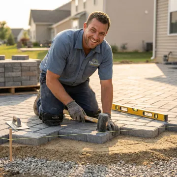 Certified contractor installing premium Belgard stone patio with professional tools