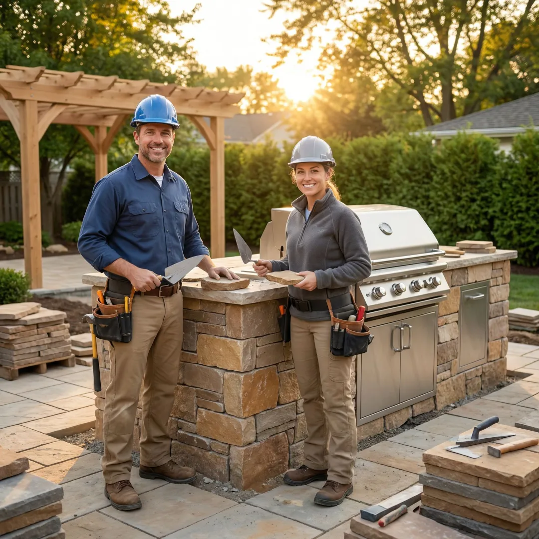 Construction crew installing outdoor kitchen island with stone veneer and stainless steel grill
