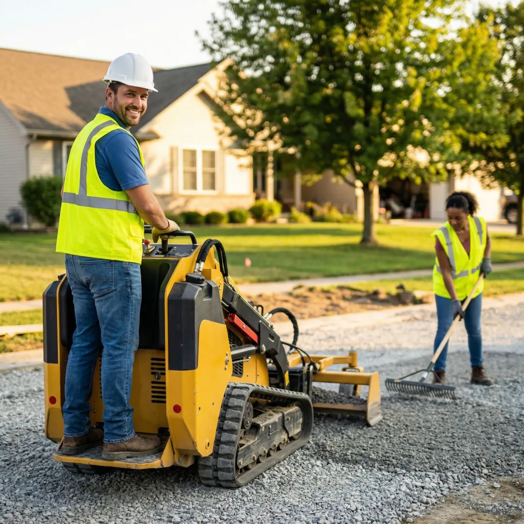 Professional crew installing crushed stone driveway with heavy equipment