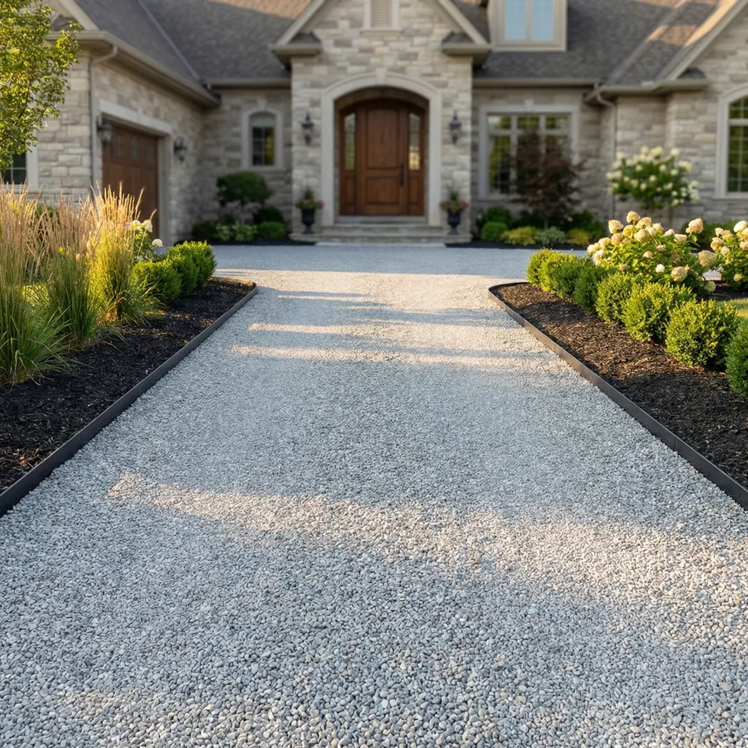 Beautiful crushed stone driveway leading to residential home