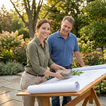 Landscape designer reviewing custom garden renovation plans with homeowner outdoors