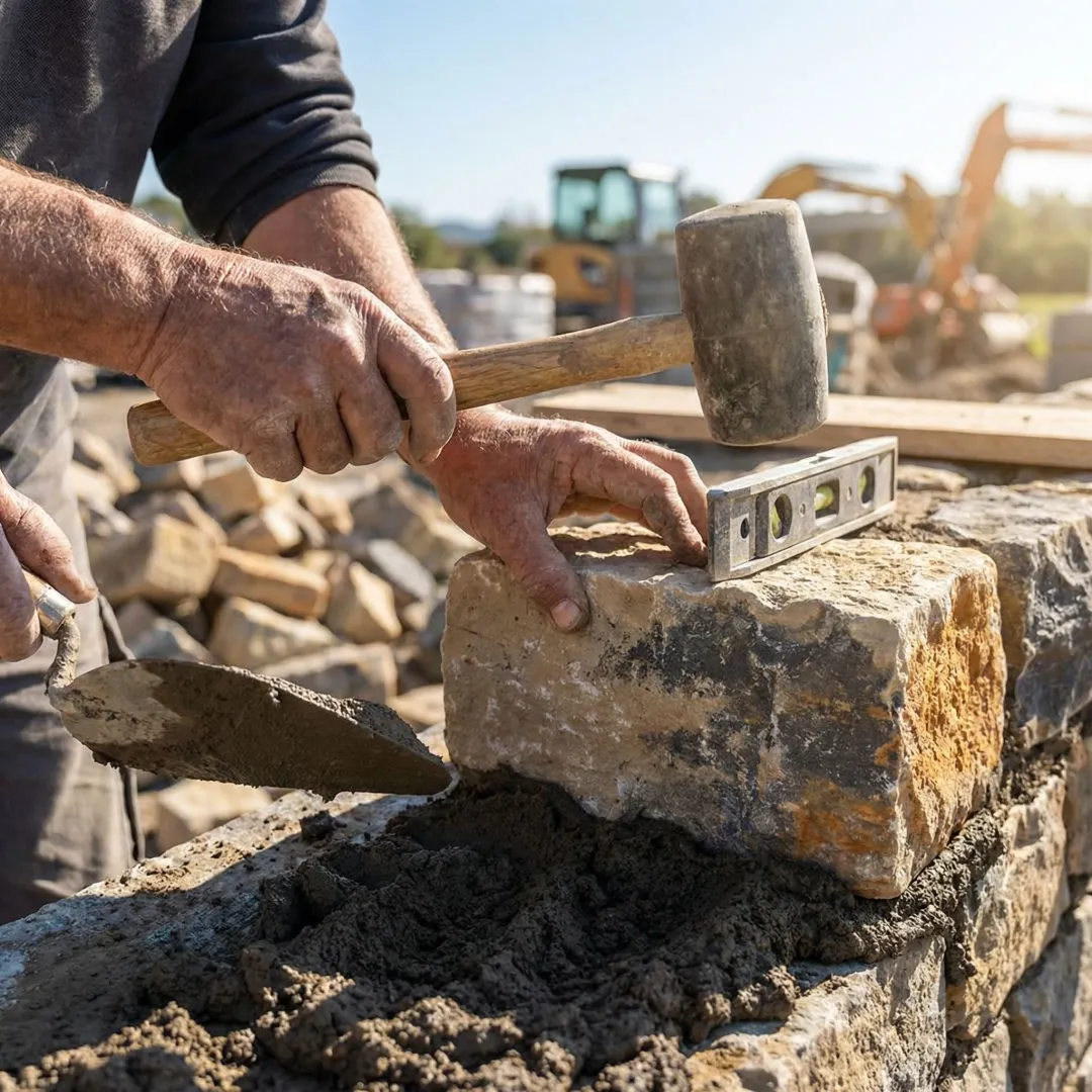 Stone mason using level and trowel during professional masonry installation