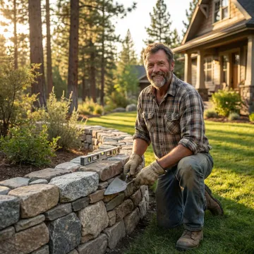 Professional stone mason crafting custom masonry wall in Marietta residential property