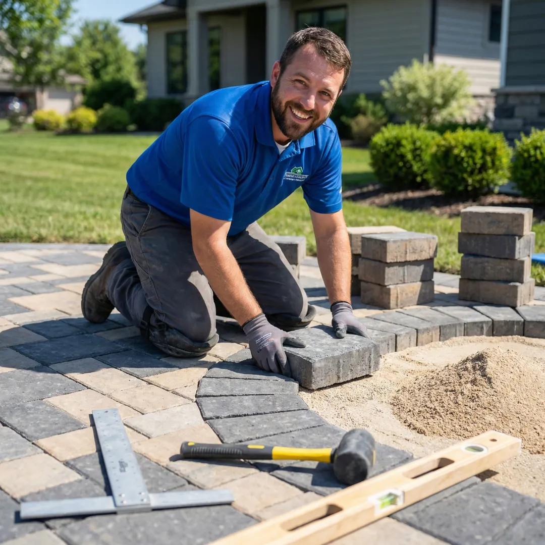 Professional landscaper installing paver walkway with decorative border