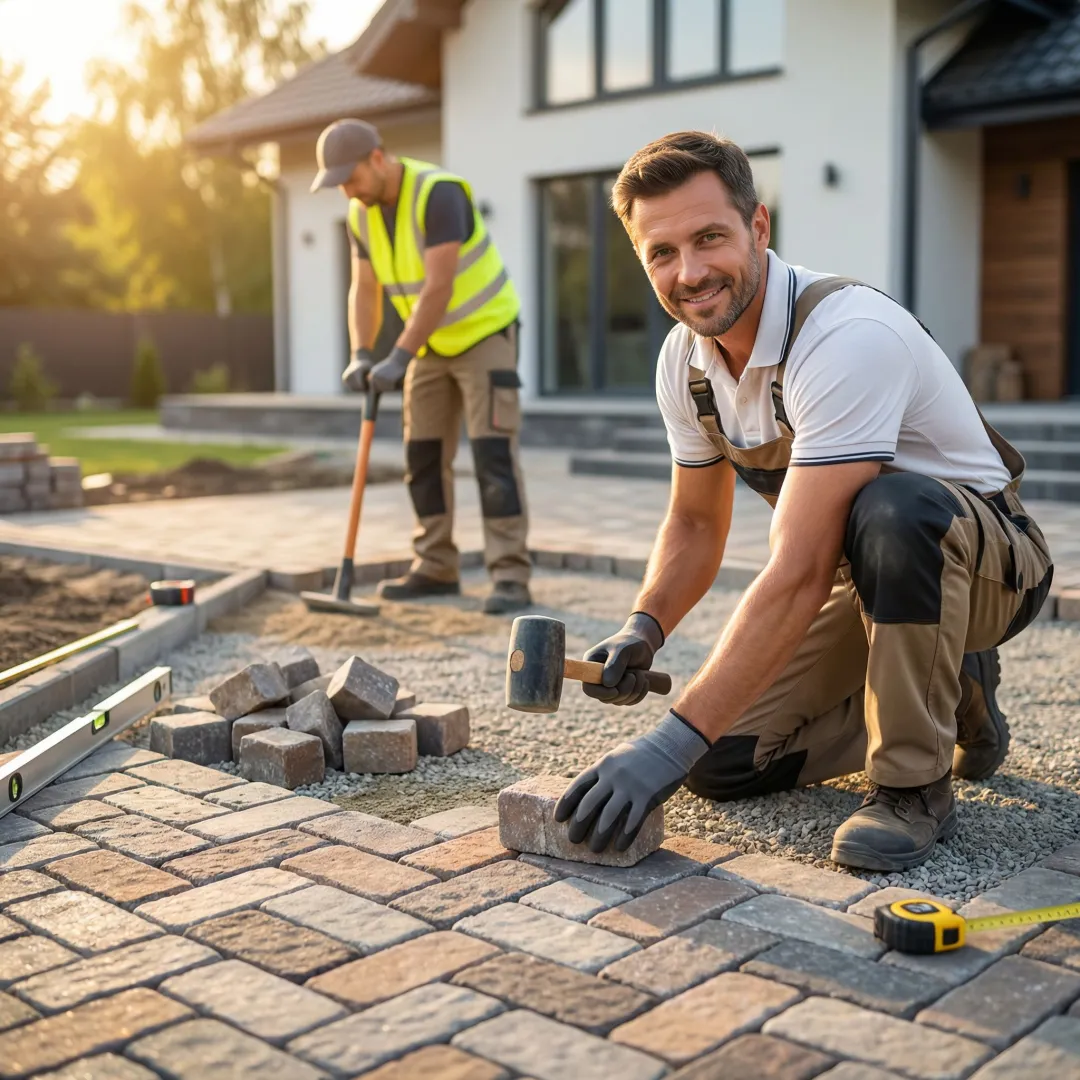Professional hardscape installation team working on cobblestone paver project