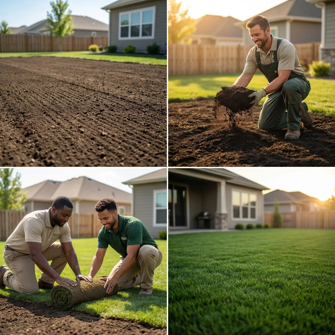 Step-by-step lawn installation process showing soil preparation and grass planting