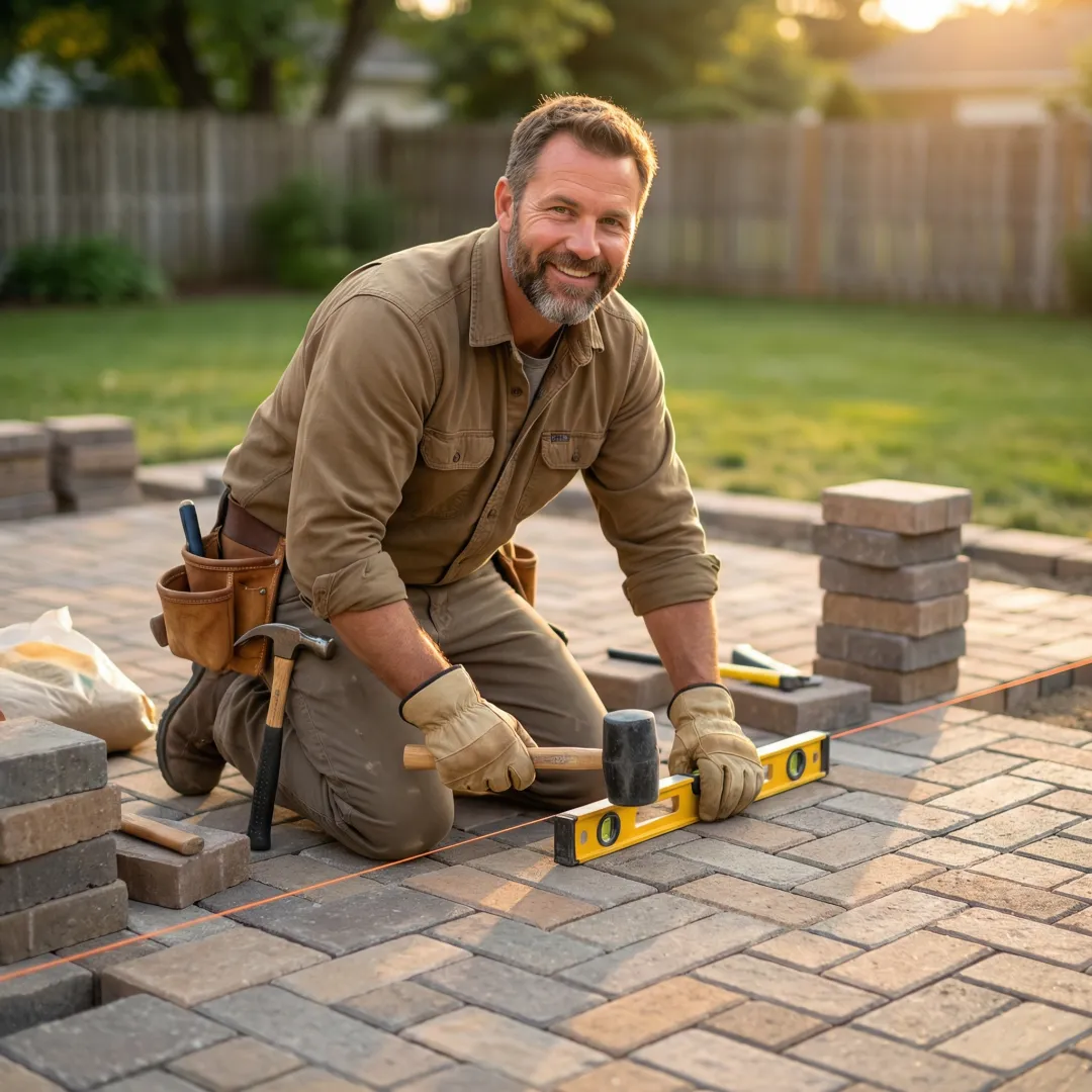 Professional stonemason installing custom paver patio with precision