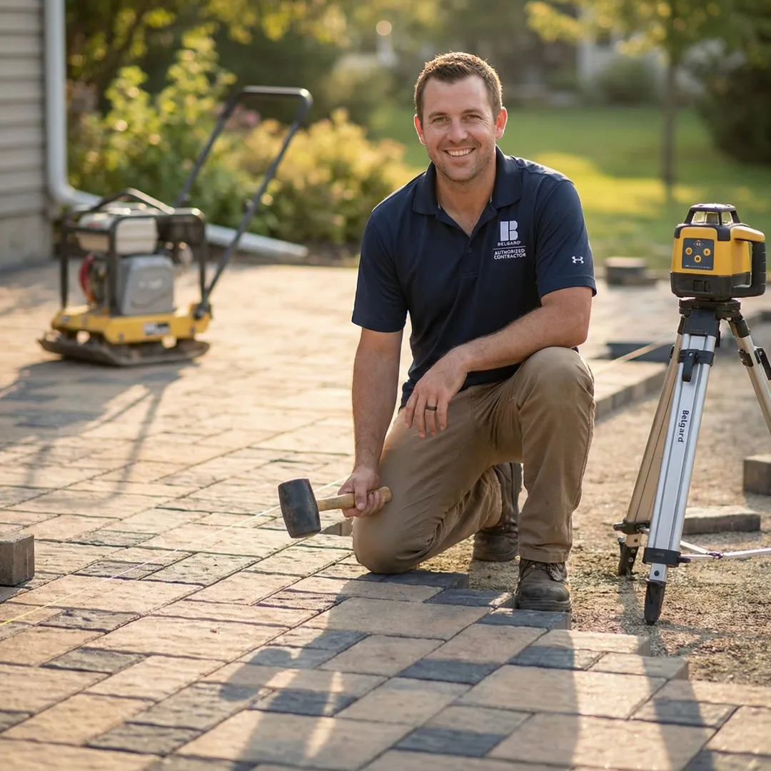 Close-up of premium Belgard stone pavers being installed for patio
